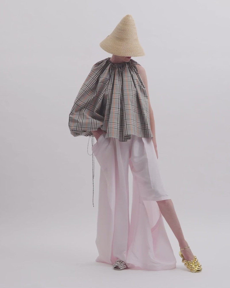 ONE-SLEEVE VOLUMINOUS TOP BROWN CHECK 5