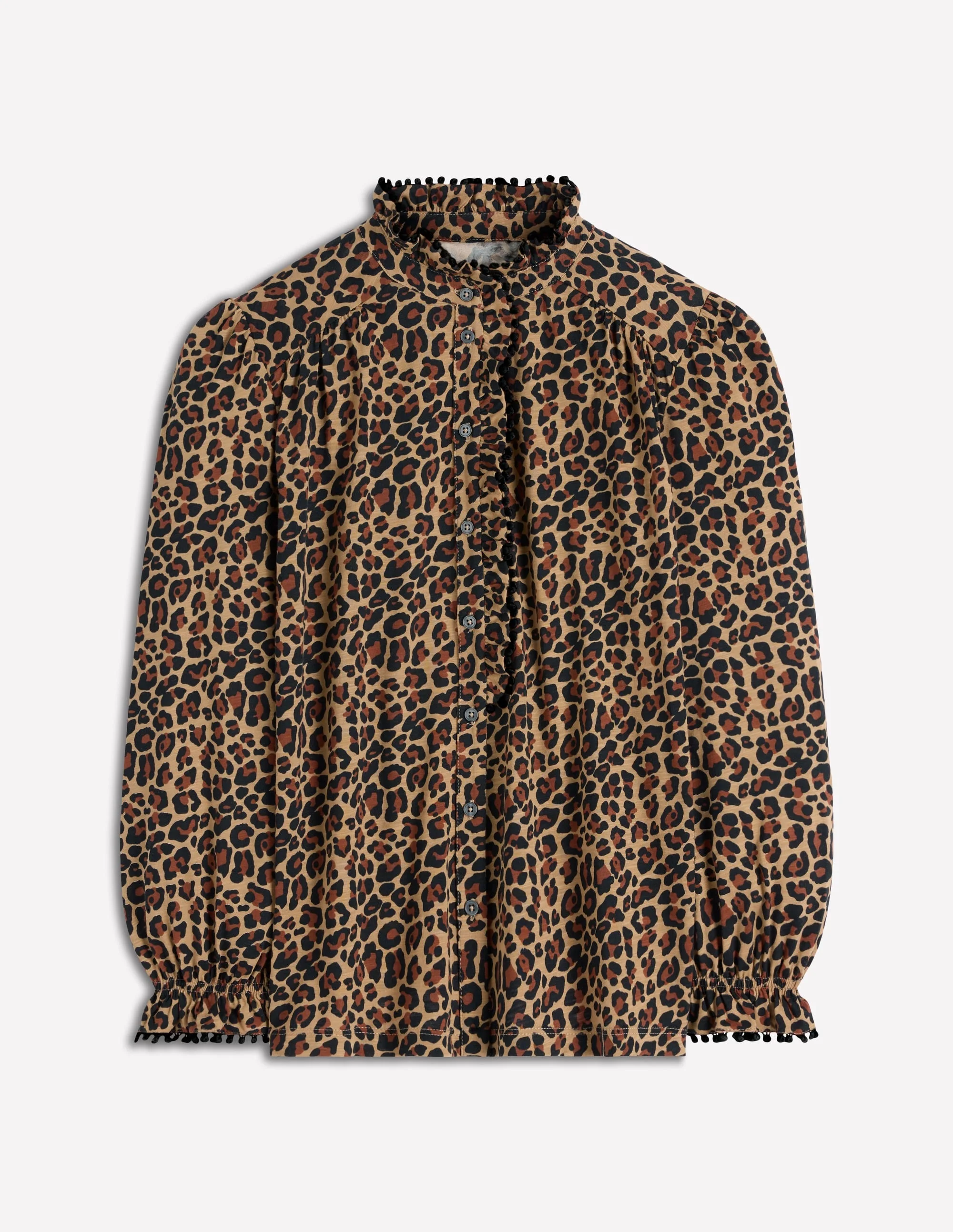 Emily Pom Detail Ruffle Shirt-Camel, Cheetah Pop - 1