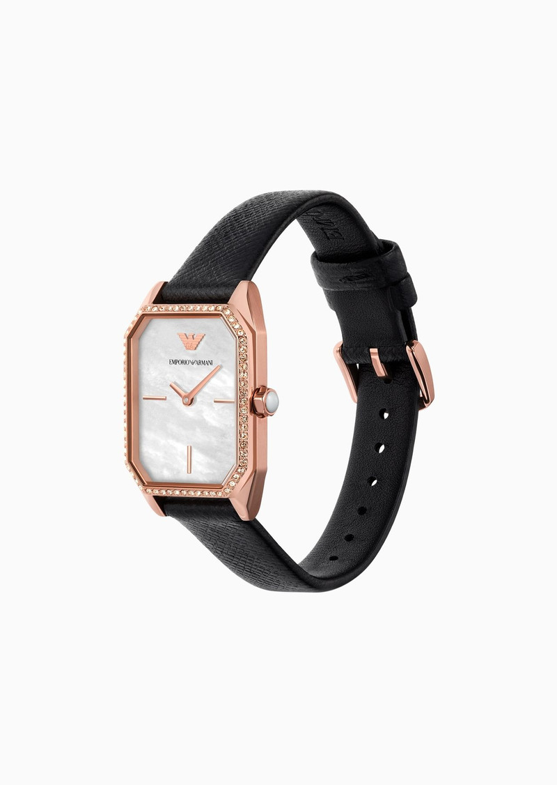 EMPORIO ARMANI Two-hand black leather watch and rose gold-tone stainless steel bracelet set outlook