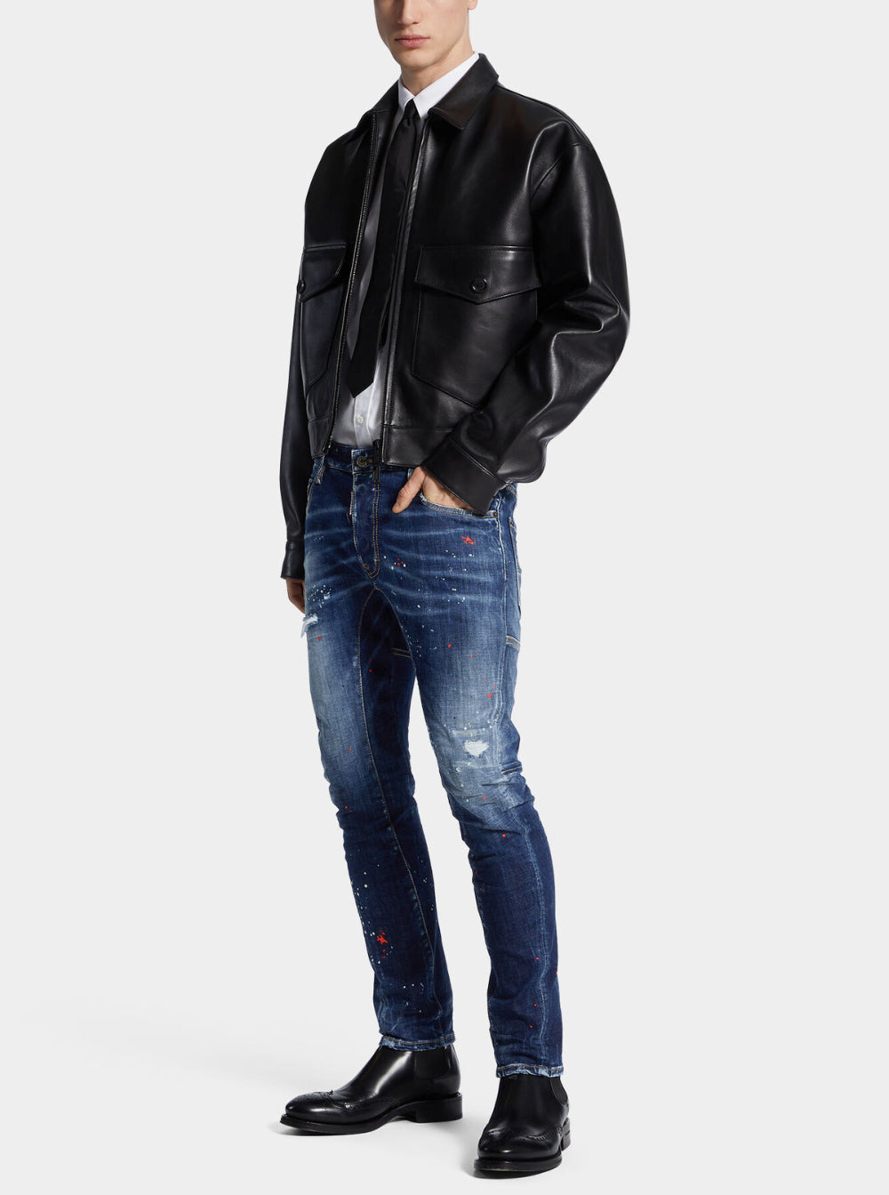 Dsquared2 Men 'Tidy Biker' Blue Jeans With Paint Embellishments And Logo Patch On The Rear In Denim  - 4