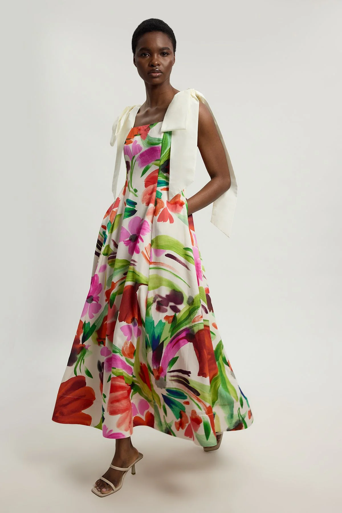 Petite Viscose Linen Floral Print Woven Prom Dress - 1