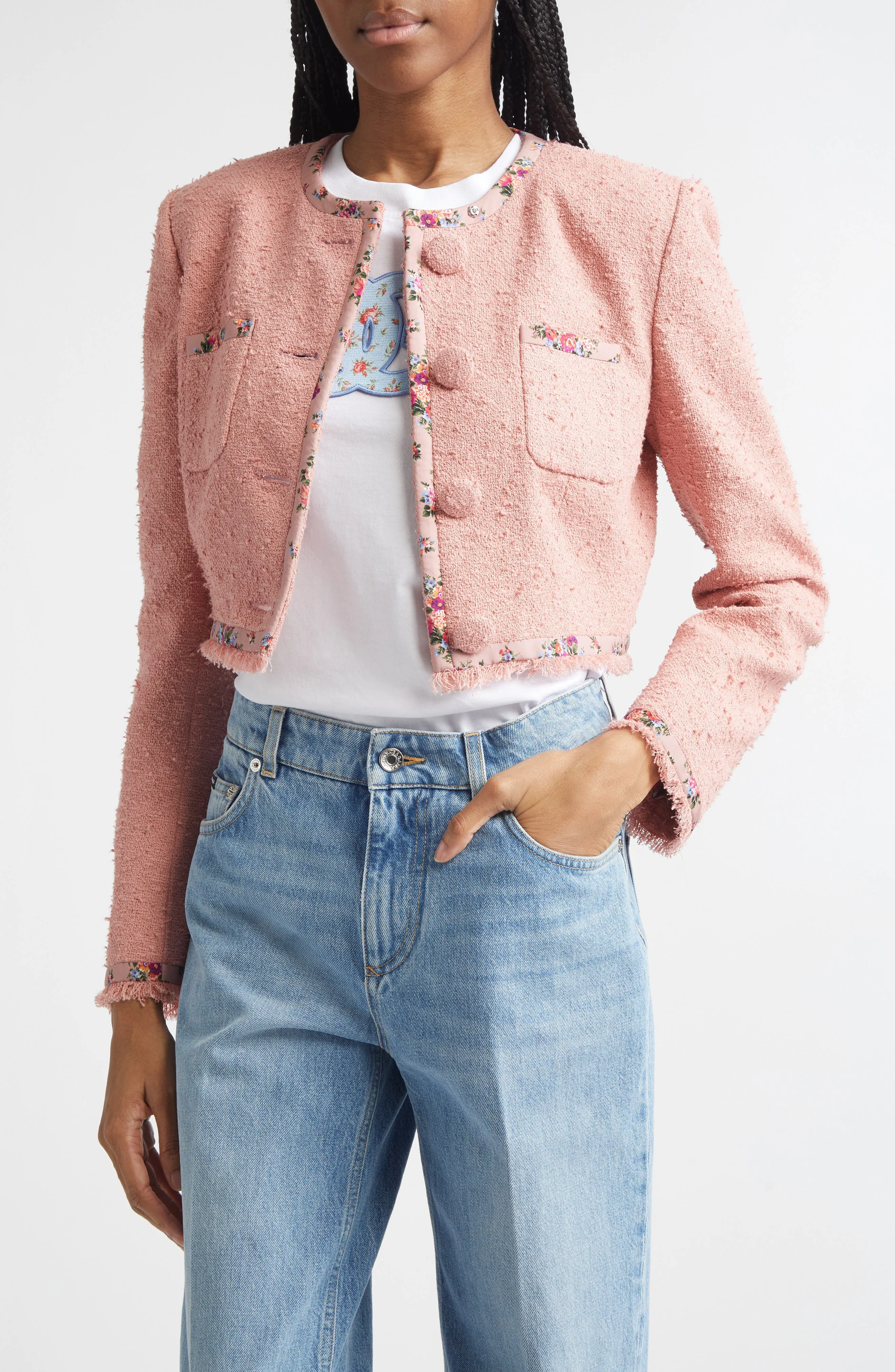 Dolce&Gabbana Floral Trim Crop Tweed Jacket in Rosa Polvere Scuro at Nordstrom - 1