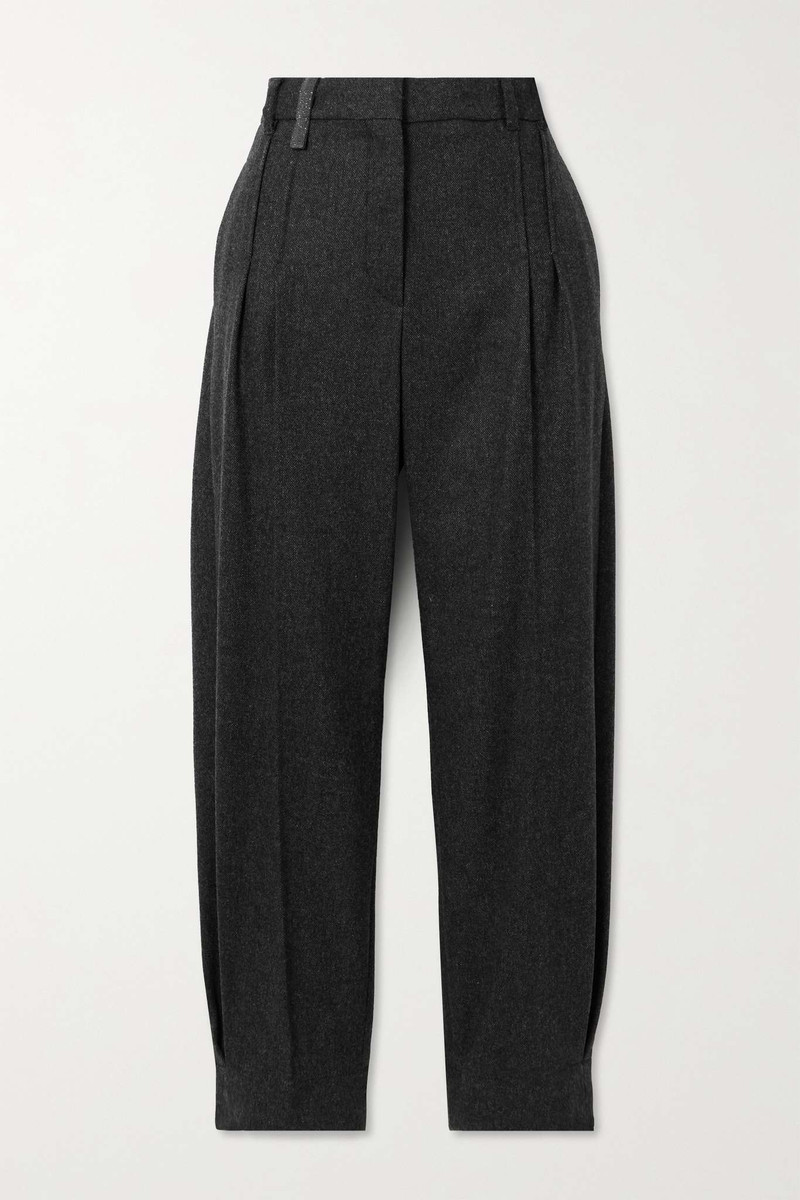 Bead-embellished pleated wool-blend tapered pants 1
