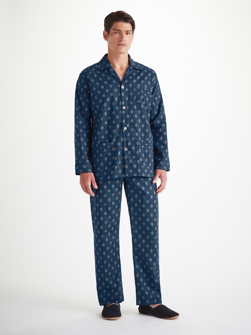 Men's Classic Fit Pajamas Cotton Batiste Navy Badge Print - 2
