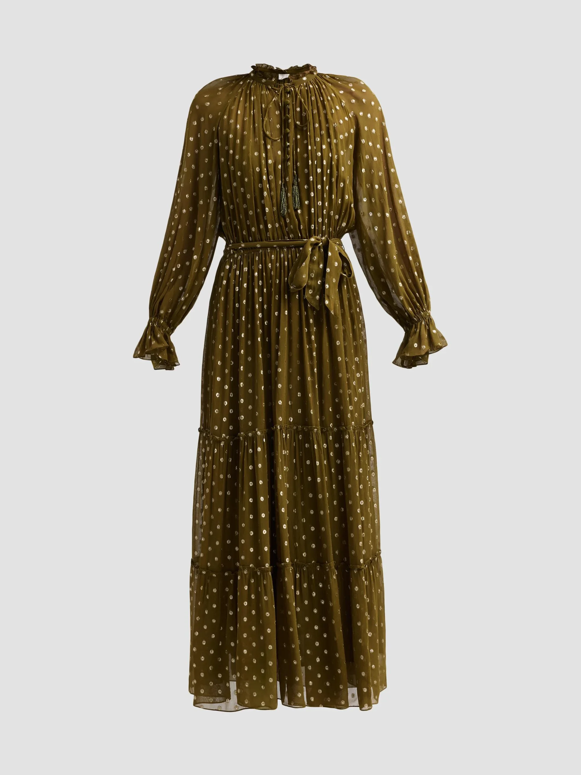 Women's Metallic Polka Dot Tiered Maxi Dress - Olive - 1