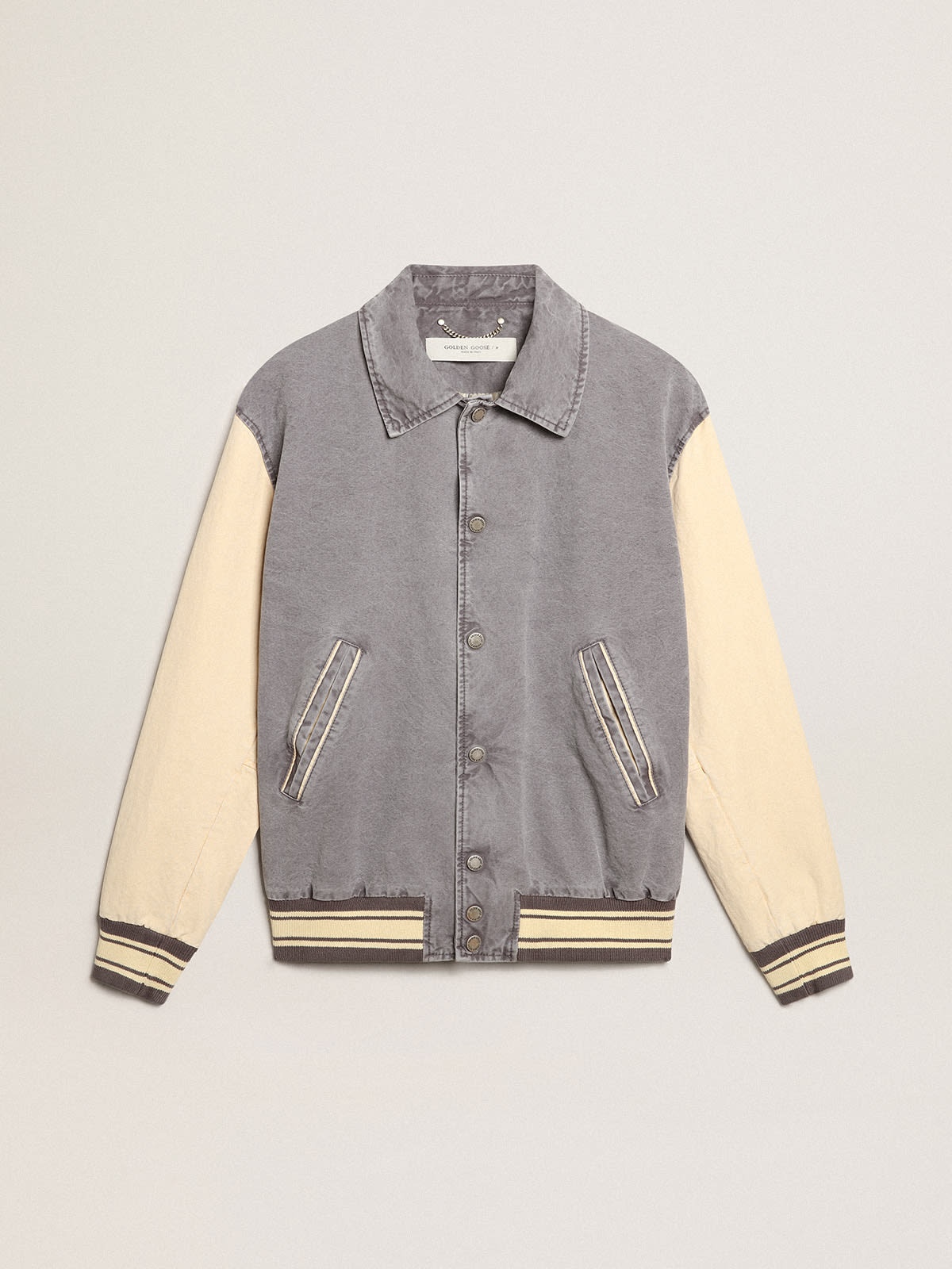 Bomber jacket in lilac-gray and marzipan-colored cotton - 1