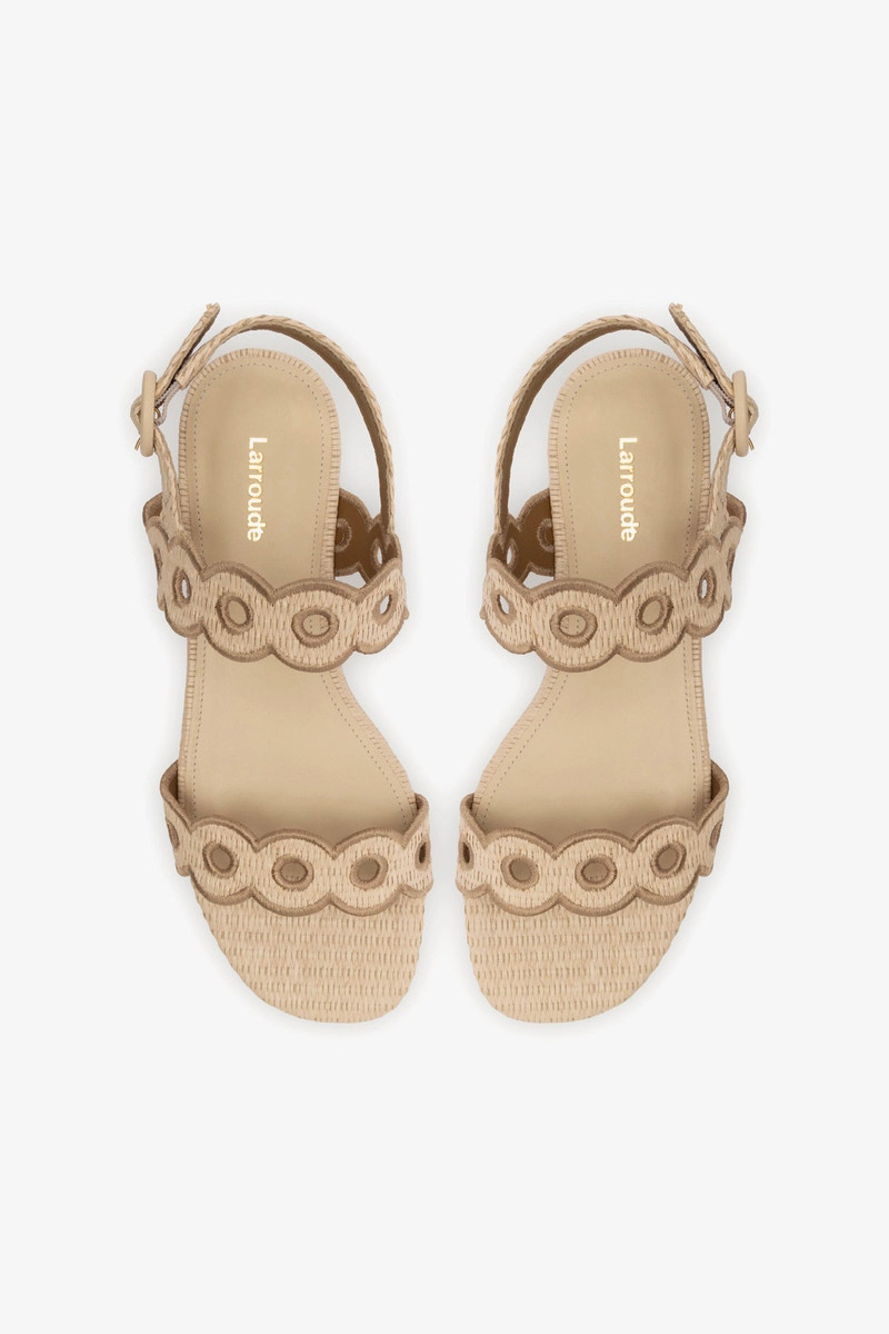 Florence Broderie Flat Sandal In Natural Raffia and Hazelnut Trimming 7