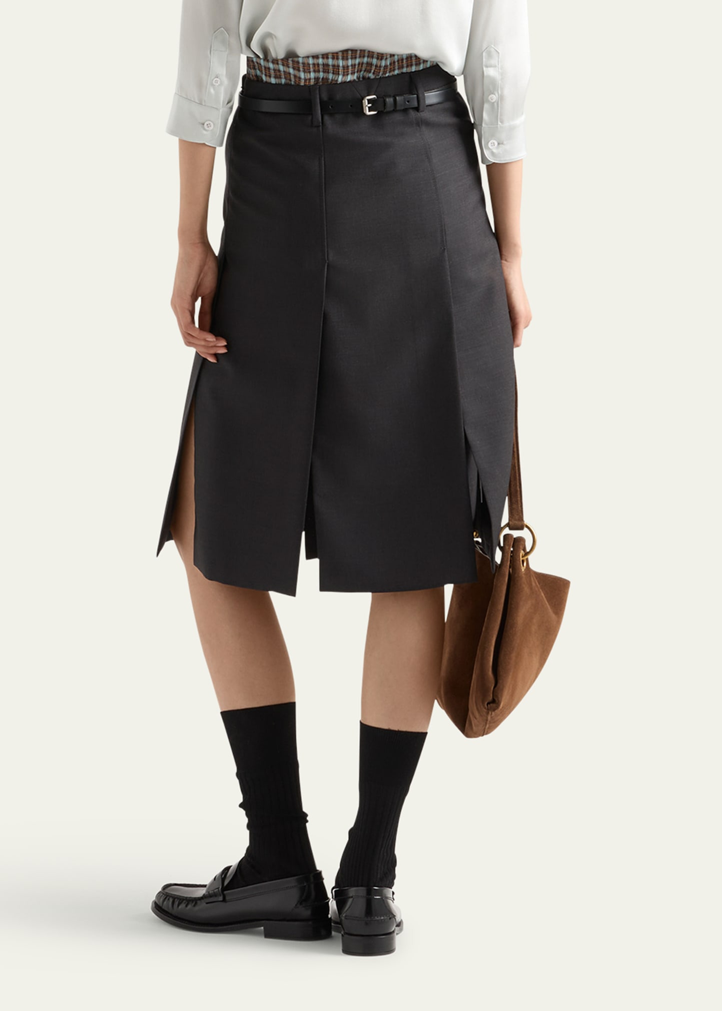 Grisaglia Check Pleated Slit Skirt - 3