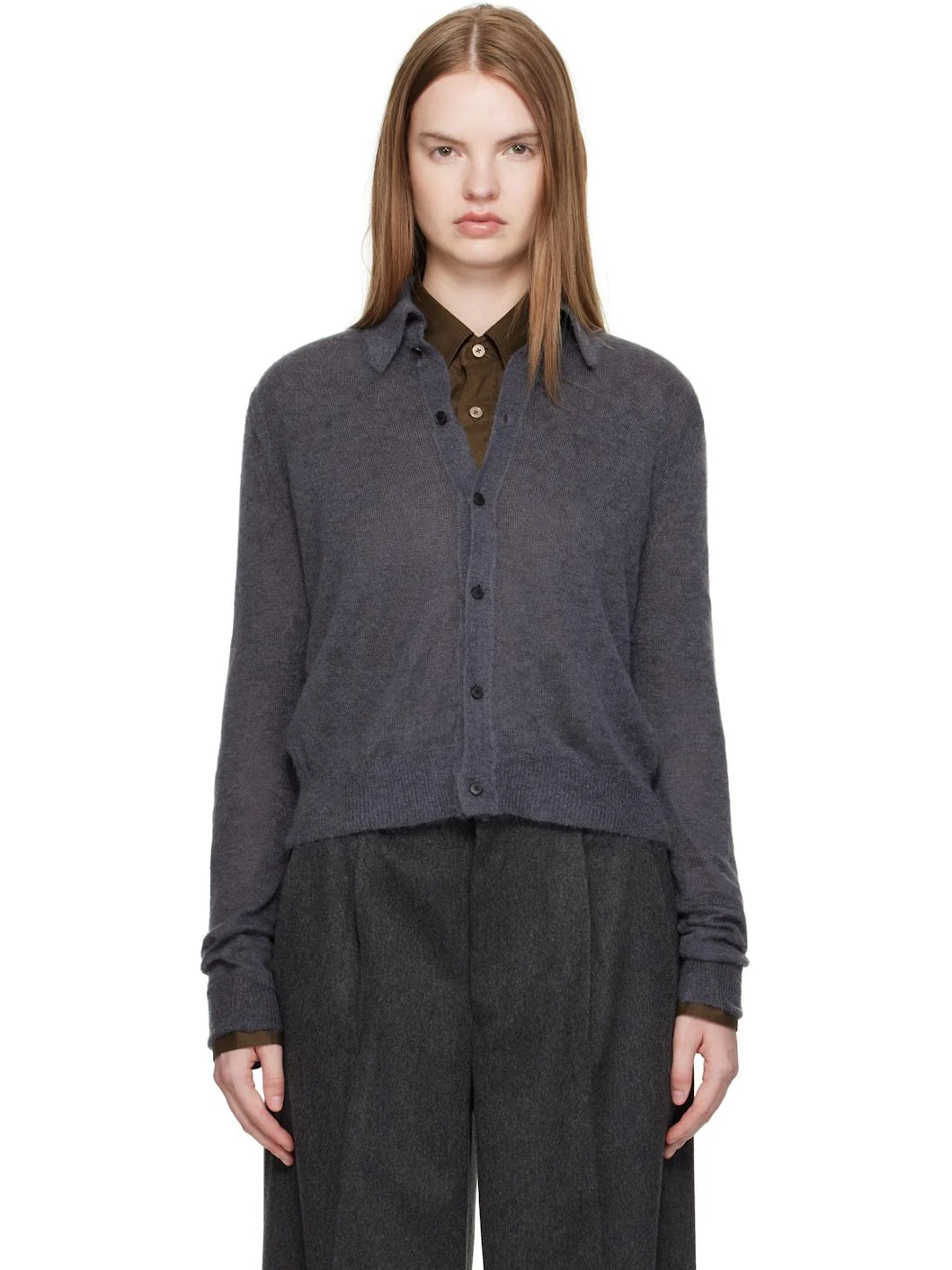 Gray Kid Mohair Sheer Knit Shirt Cardigan - 1