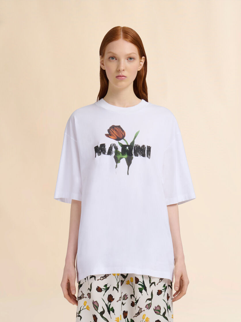 WHITE COTTON T-SHIRT WITH TULIP PRINT - 2