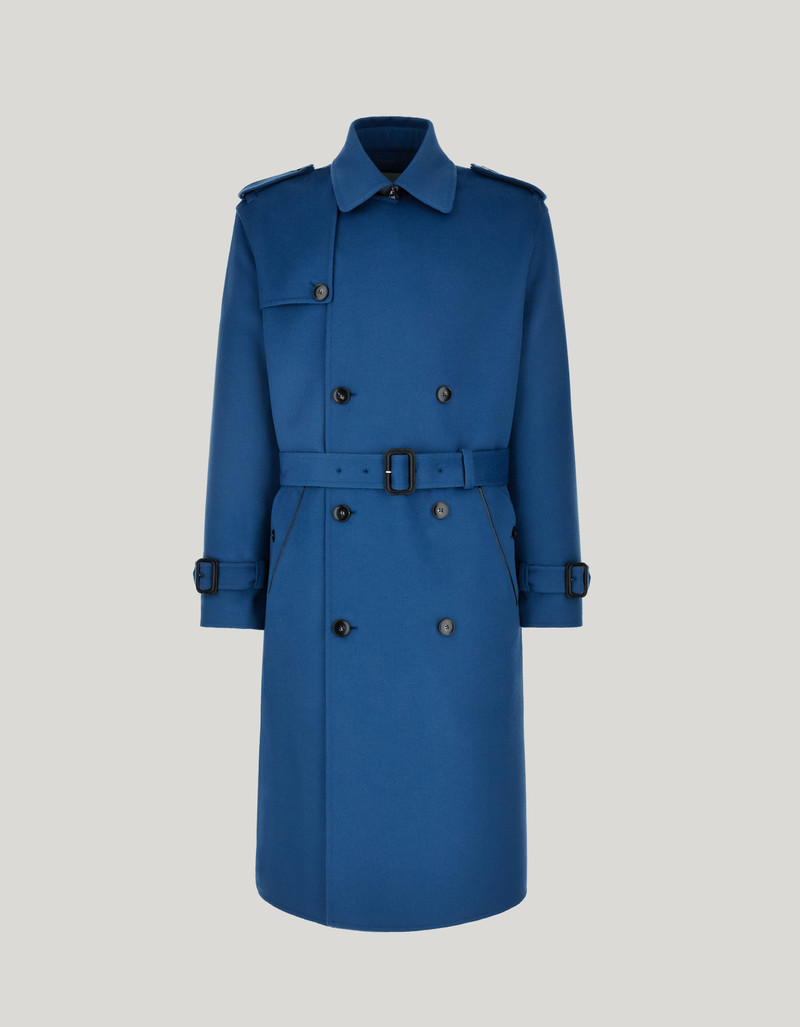 PETROL BLUE SET-IN SLEEVE DOUBLE WOOL AND CASHMERE TRENCH COAT WITH BELT 1