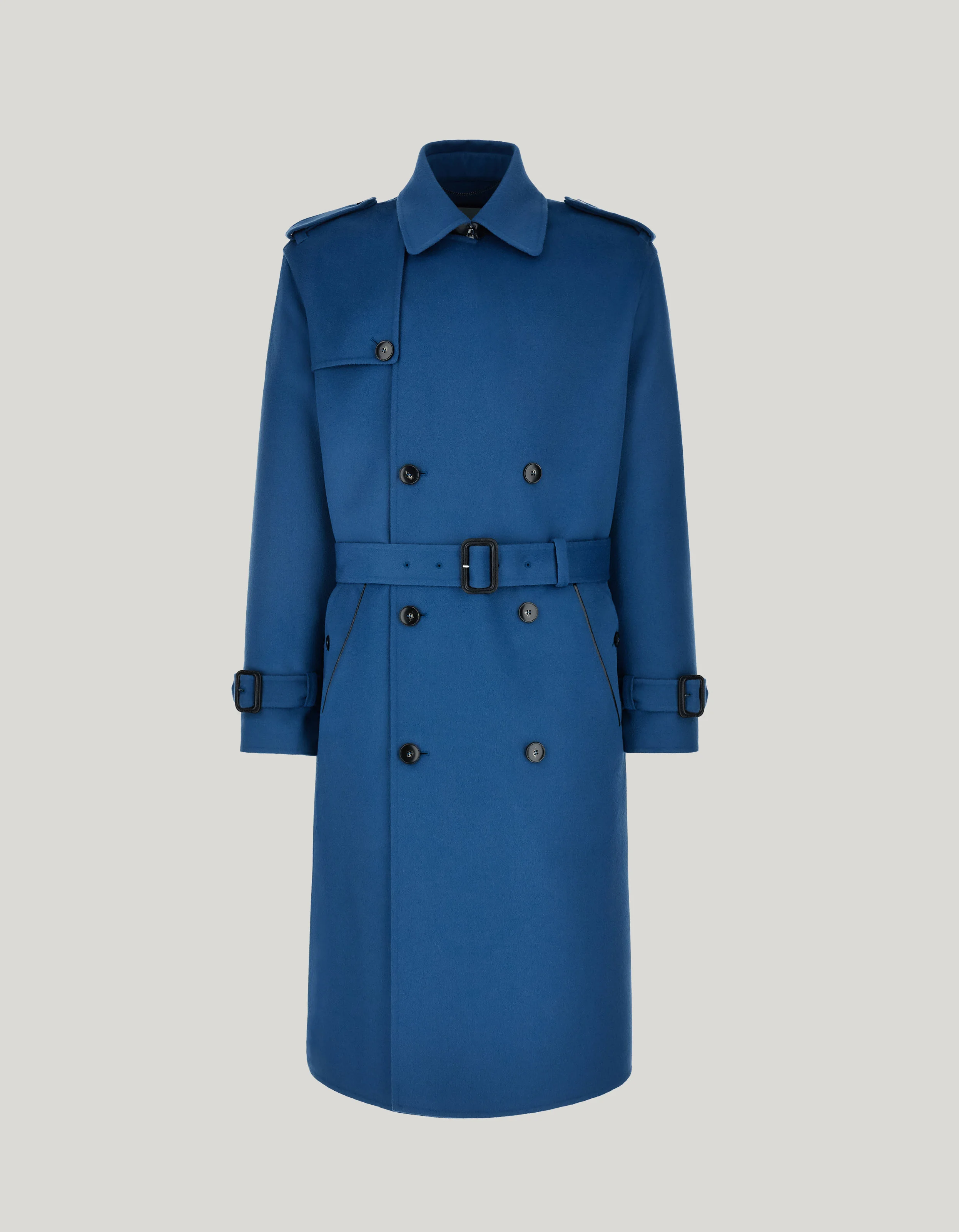 PETROL BLUE SET-IN SLEEVE DOUBLE WOOL AND CASHMERE TRENCH COAT WITH BELT - 1