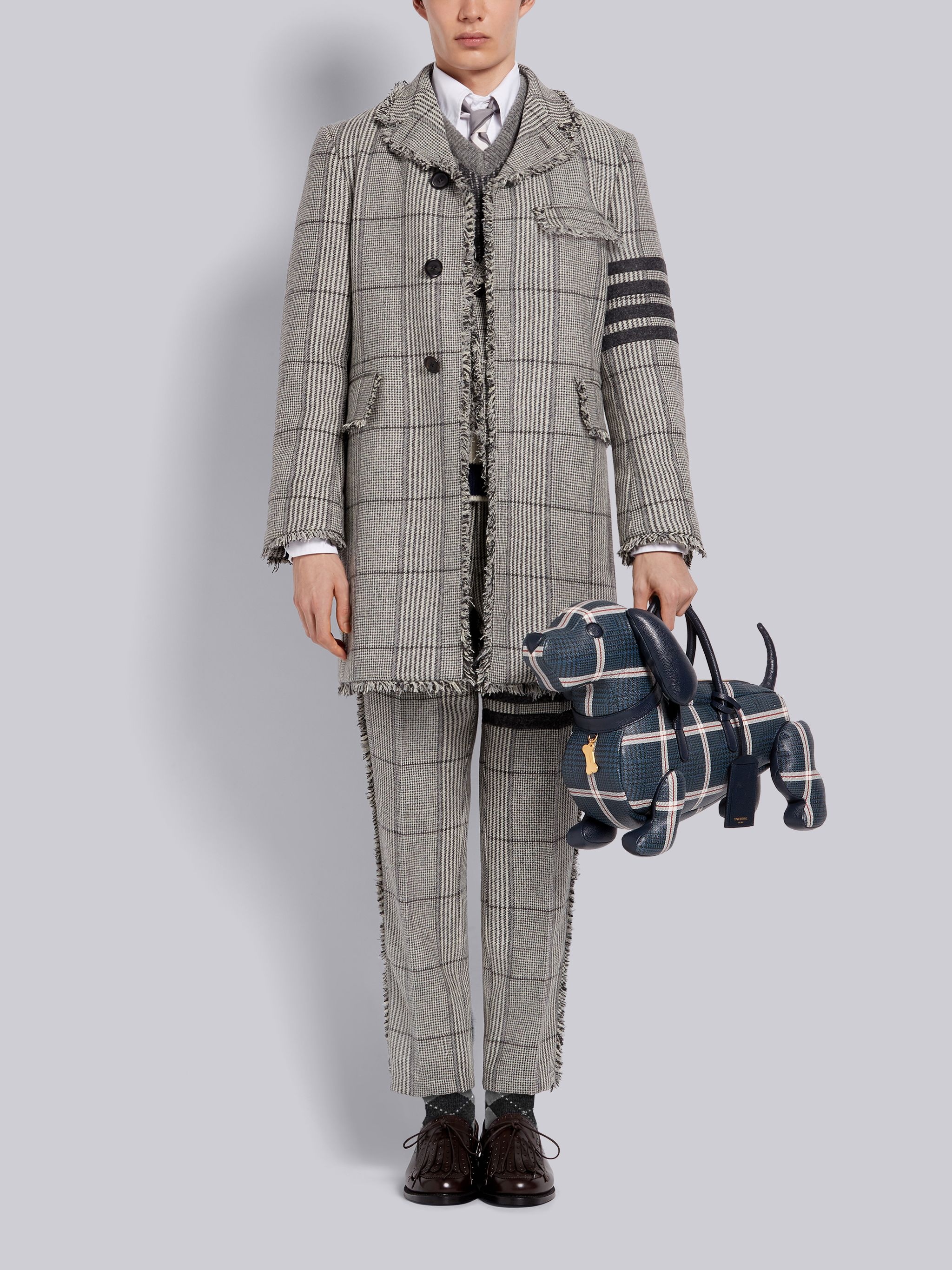 Black and White Prince of Wales Oversized Check Hunting Wool Tweed Frayed Unconstructed Classic Ches - 4