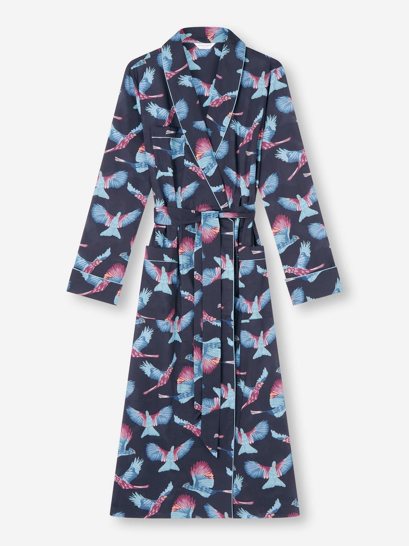 Derek Rose Women's Long Dressing Gown Ledbury 63 Cotton Batiste Navy, derekrose