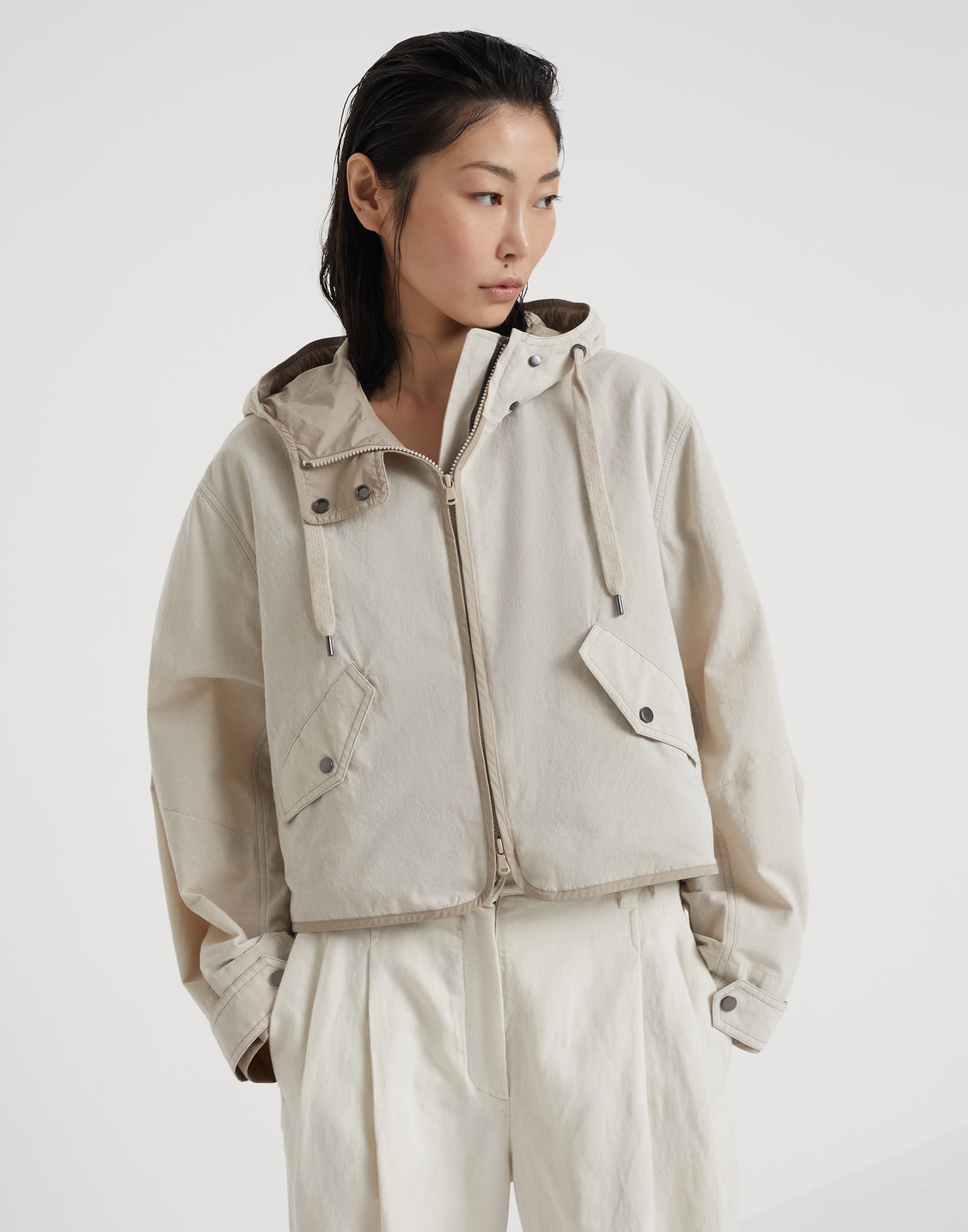 Techno cotton canvas hooded outerwear jacket with monili - 1