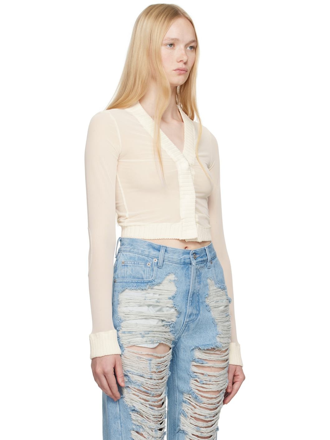 Off-White Elastic Jersey Mesh Long-Sleeved Cardigan - 2