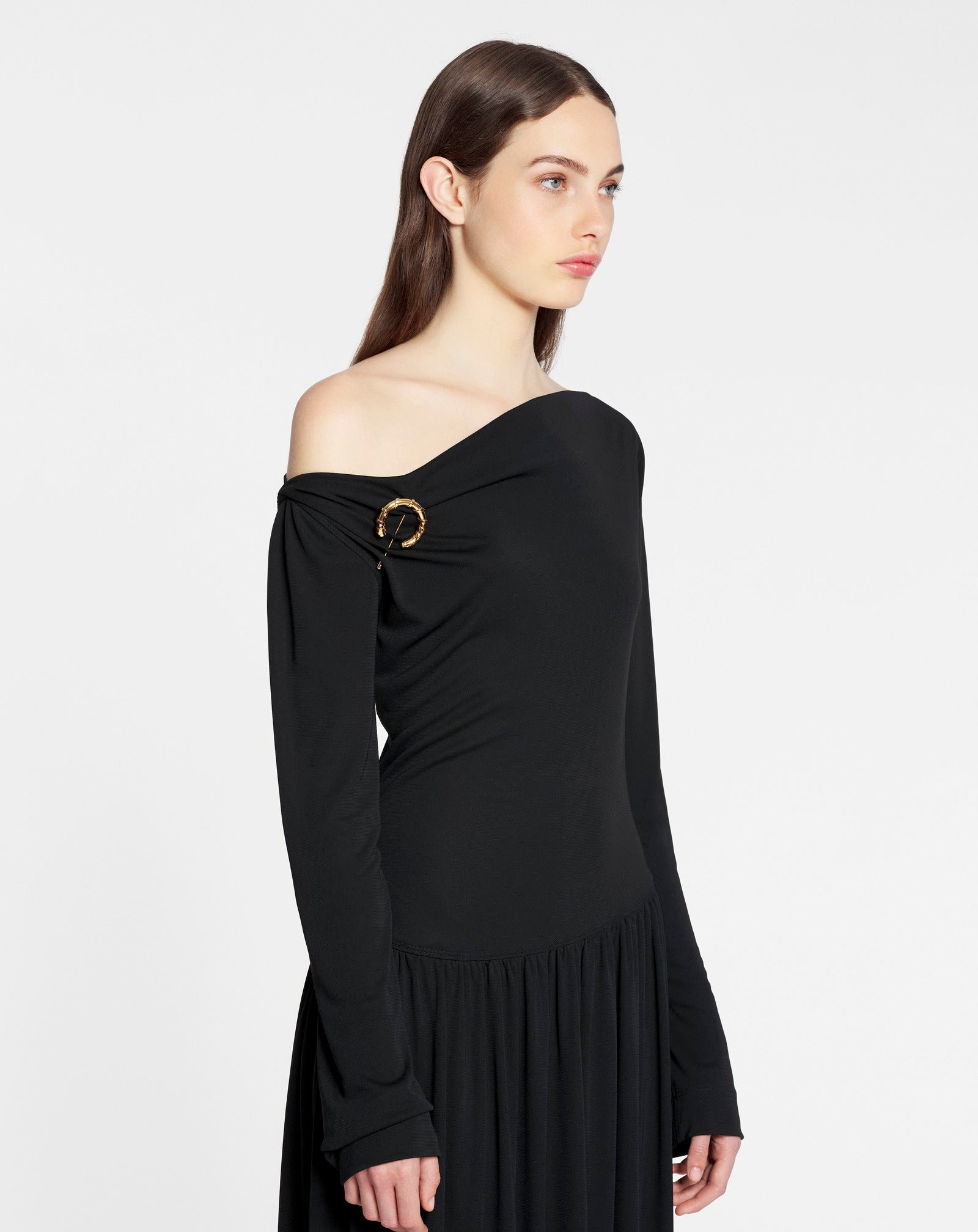 ASYMETRIC TOP LONG SLEEVE DRAPED MIDI DRESS IN FLUID CREPE - 3