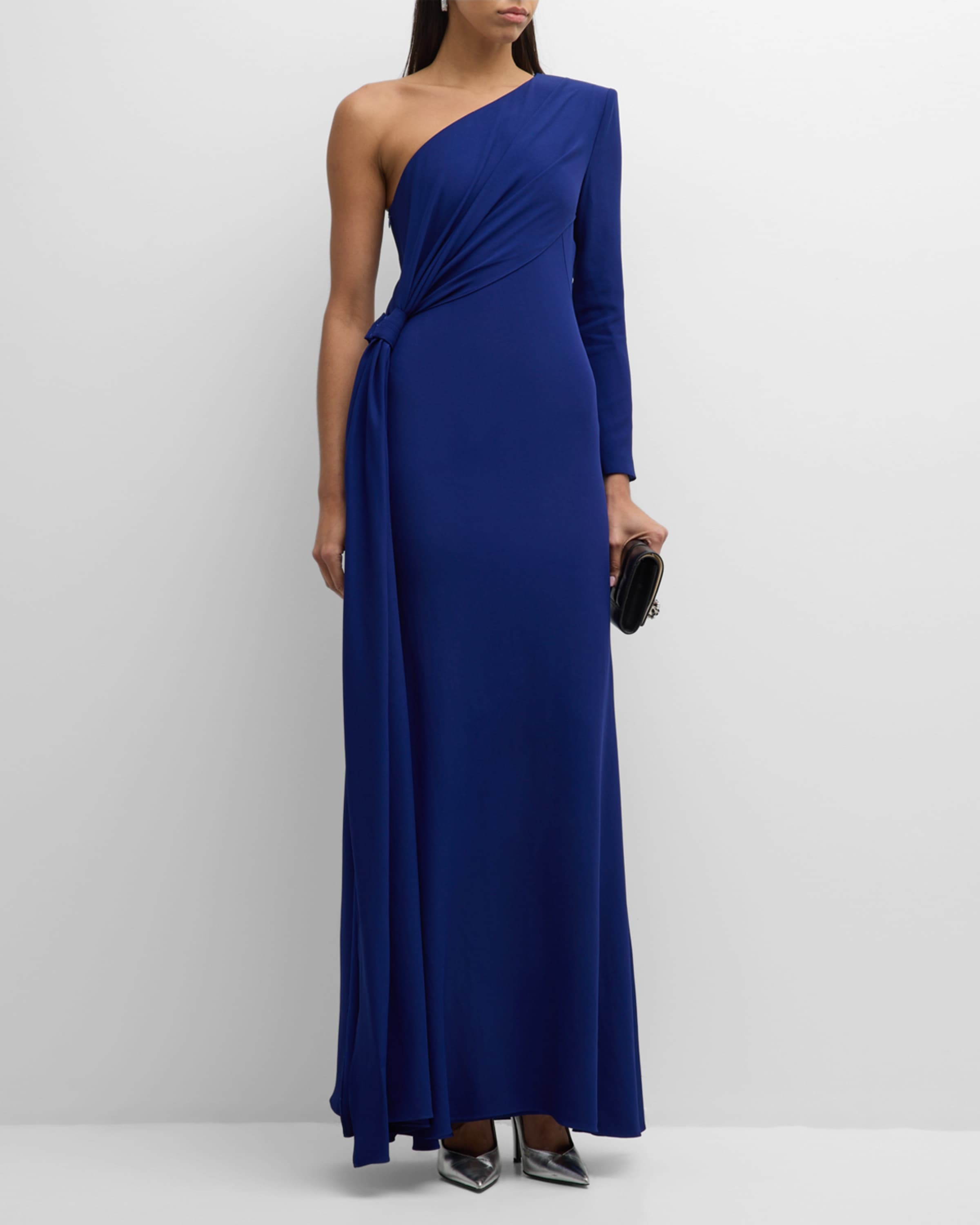 Crepe One-Shoulder Gown with Draped Detail - 5