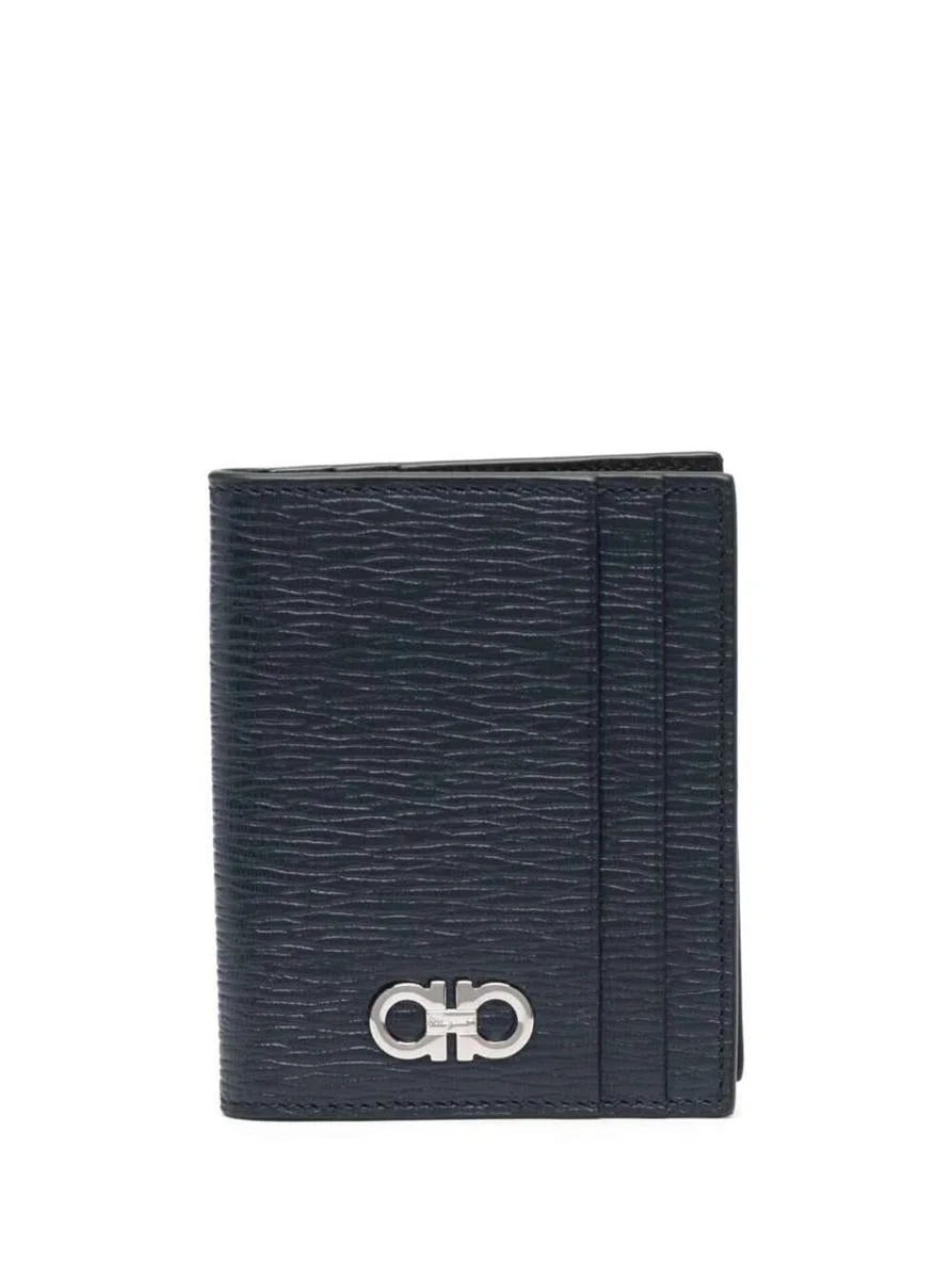 FERRAGAMO BLUE CARDHOLDER WITH SILVER-TONE GANCINI LOGO IN CALF LEATHER MAN - 1