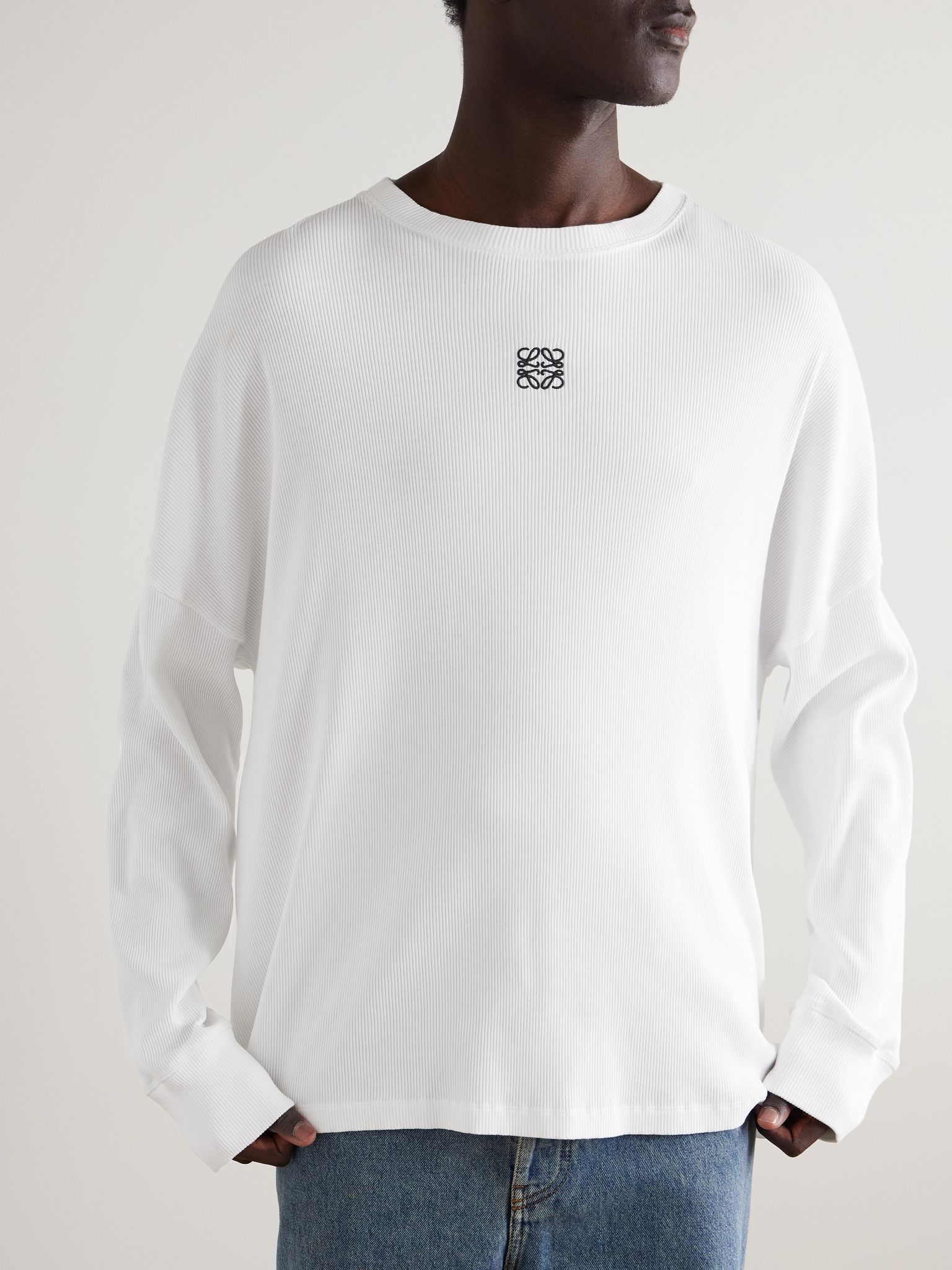 Oversized Logo-Embroidered Ribbed Cotton T-Shirt White - 3