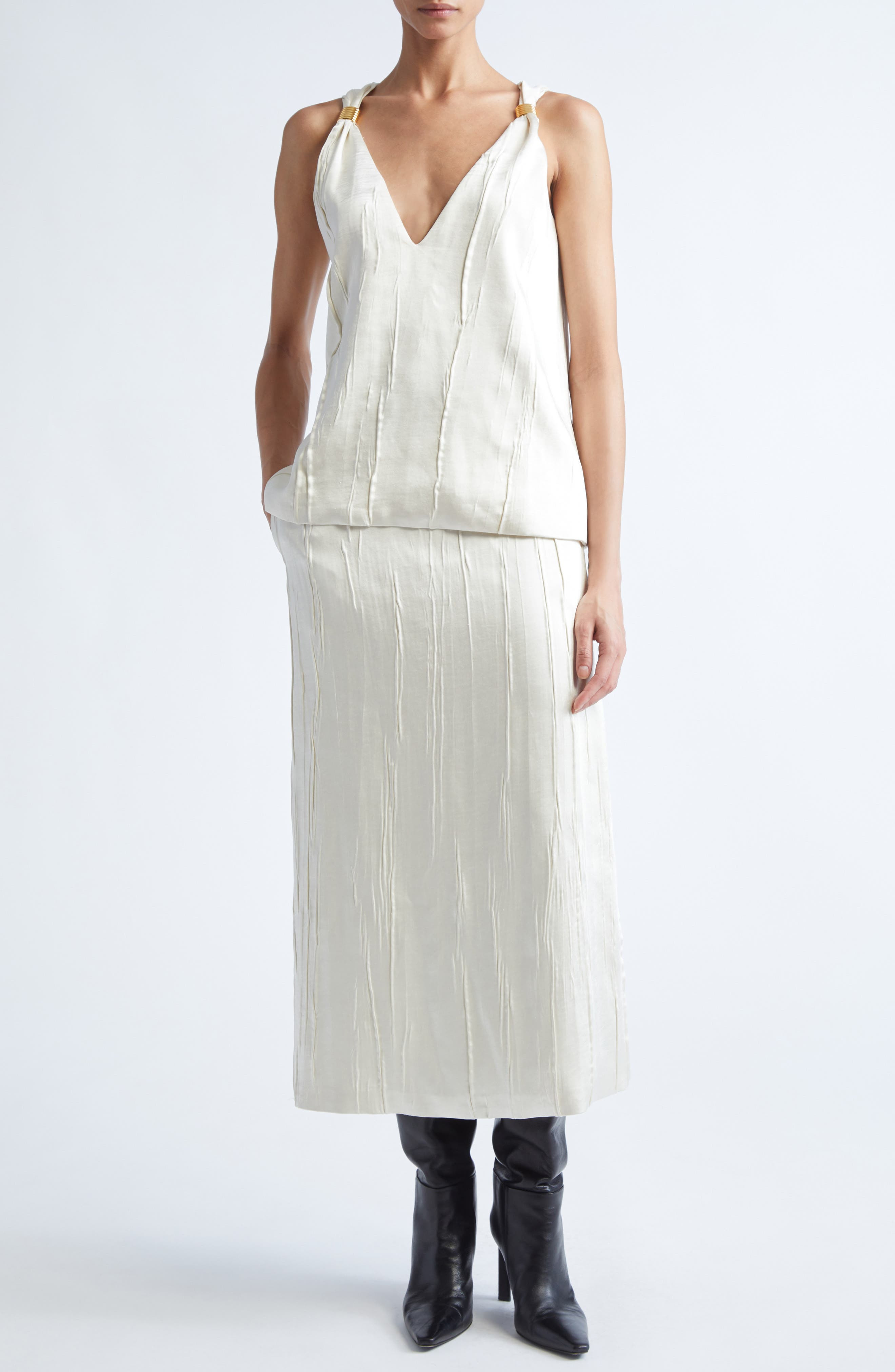 Brandon Maxwell The Drew Deep V-Neck Satin Tank in Ivory at Nordstrom - 2