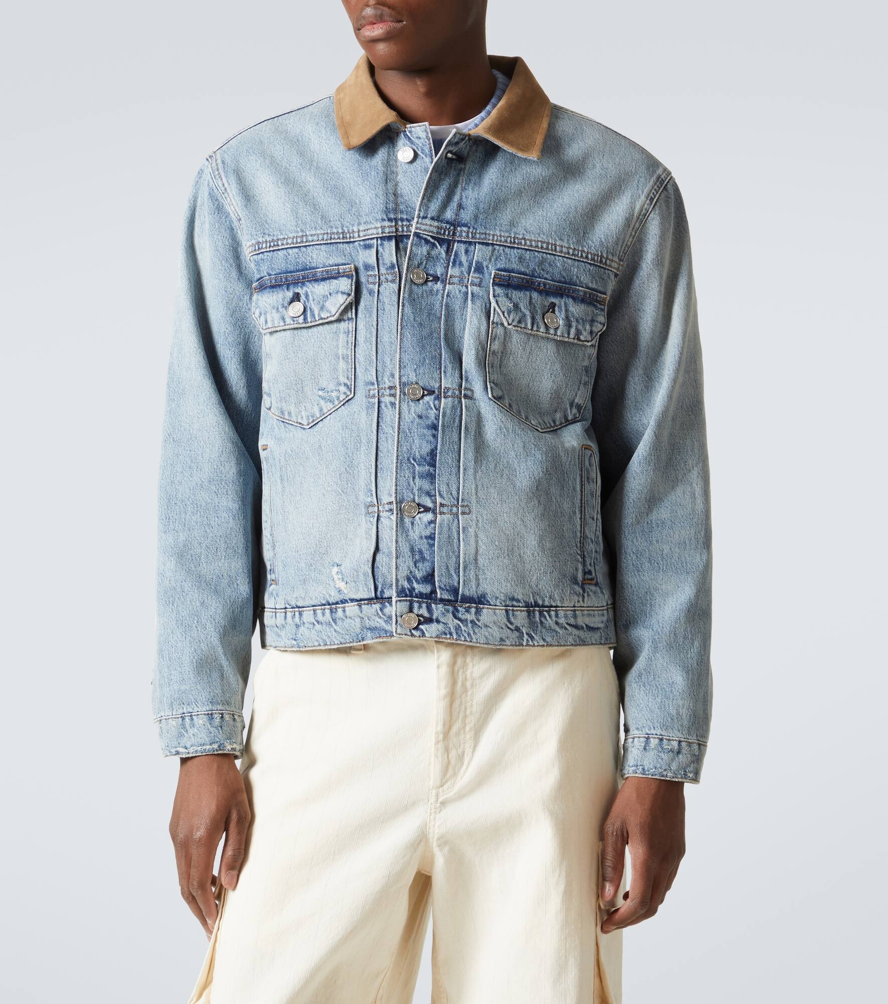 Distressed suede-trimmed denim jacket - 3