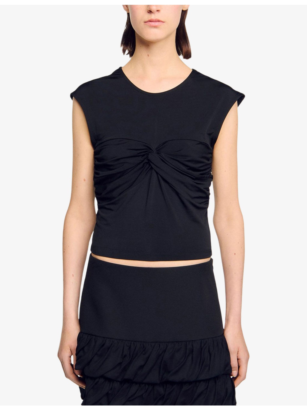 Draped Round-Neck Short-Sleeve Stretch-Woven T-Shirt - 3