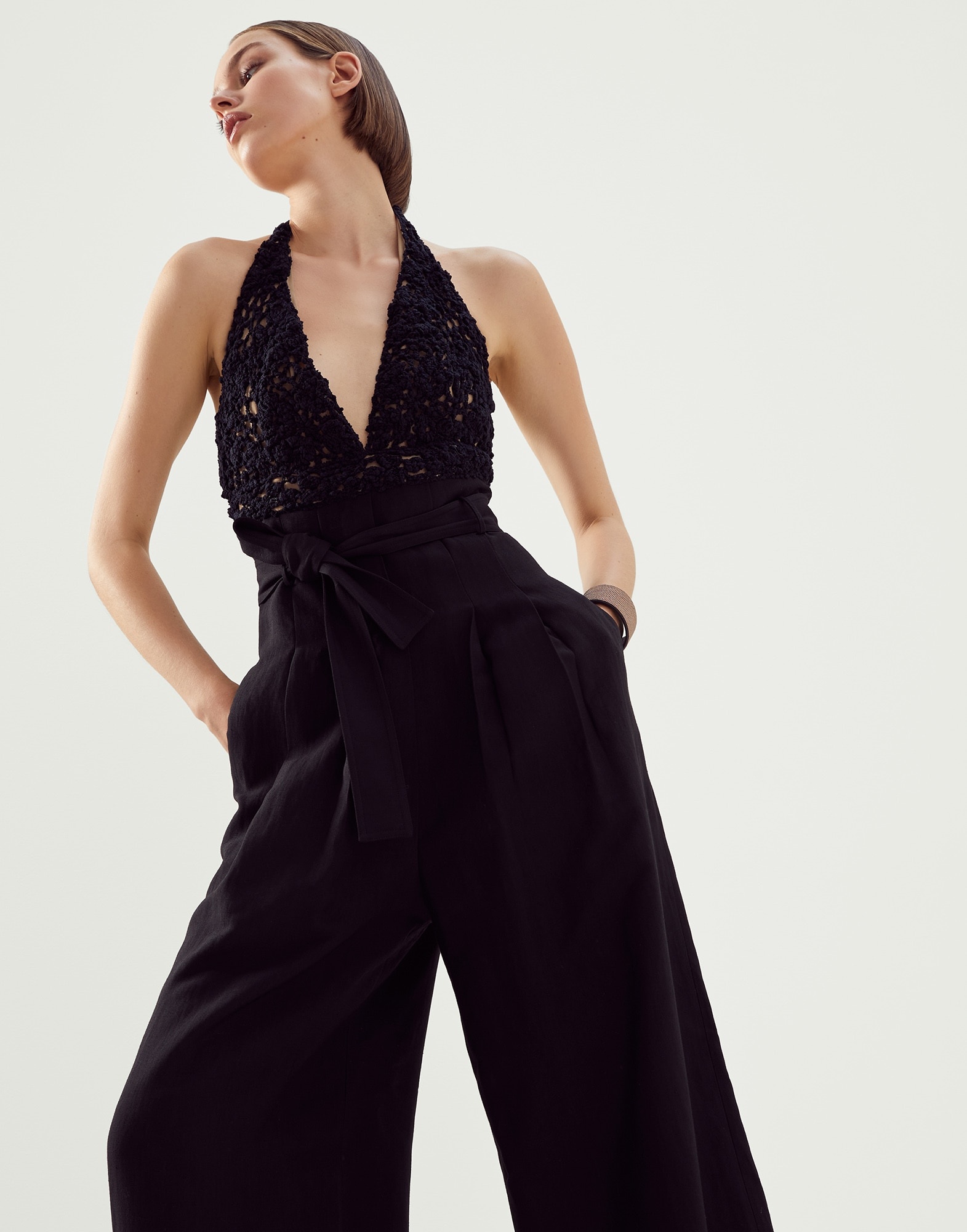 Viscose and linen fluid twill jumpsuit with handmade crochet top - 4