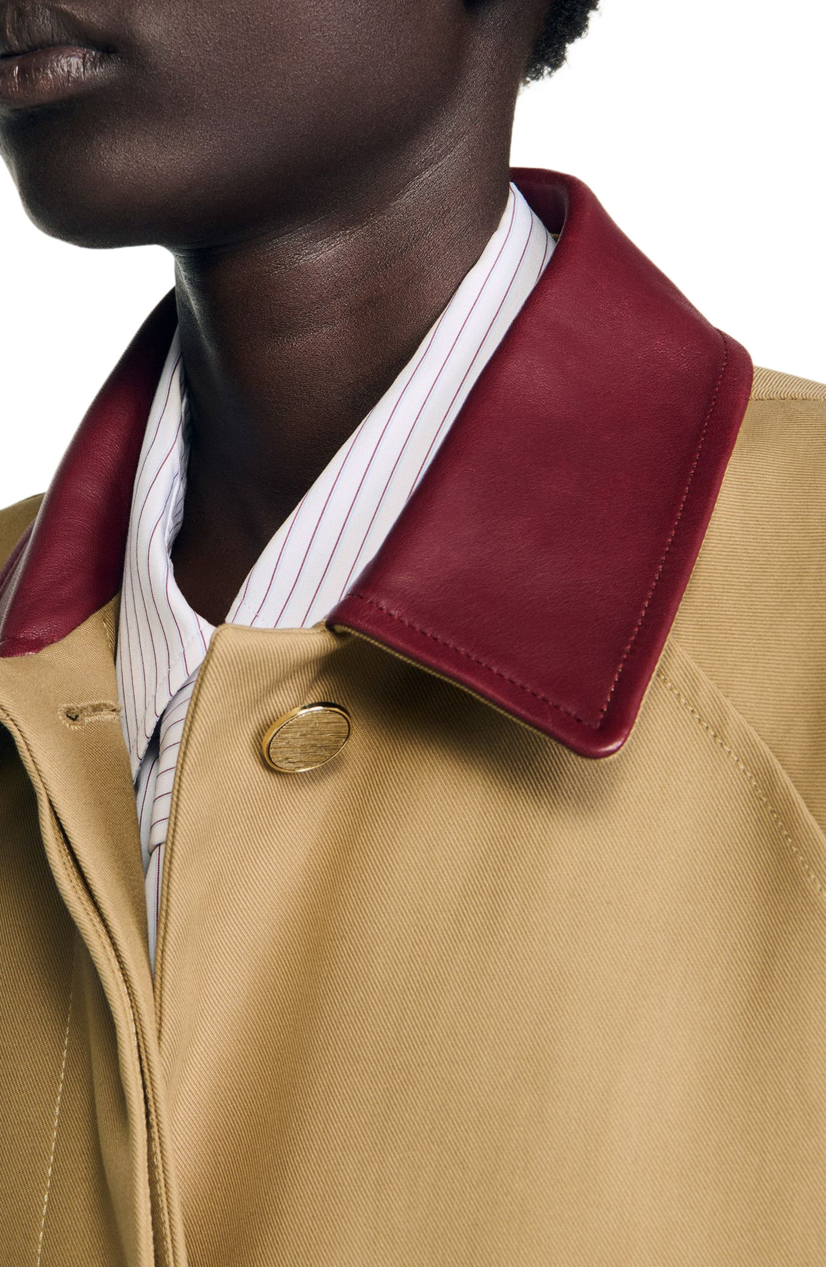 SANDRO Trench coat with leather collar in Beige at Nordstrom - 4