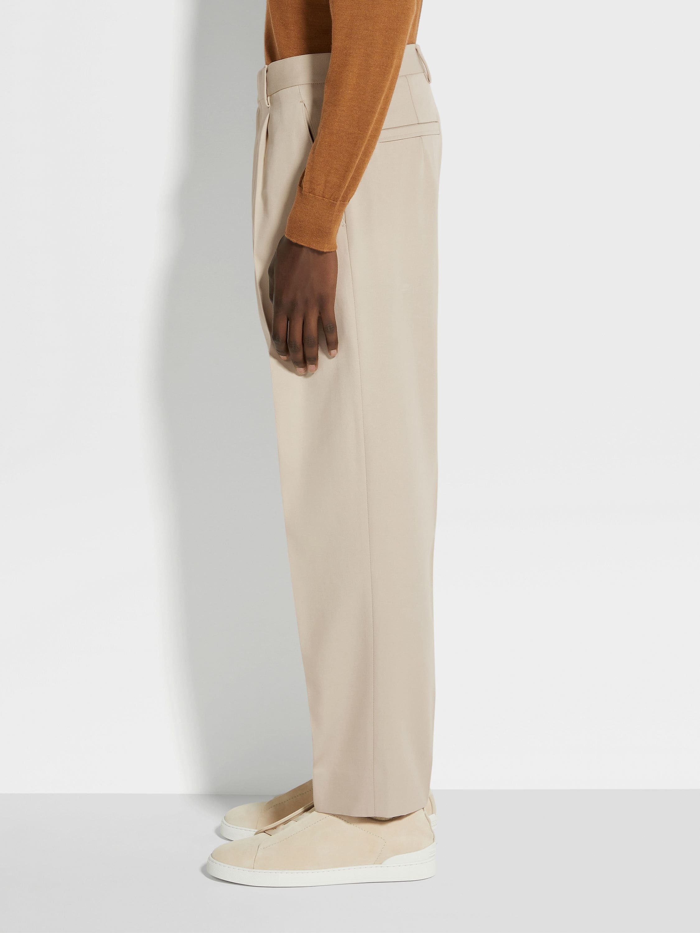LIGHT BEIGE COTTON AND WOOL PANTS - 4