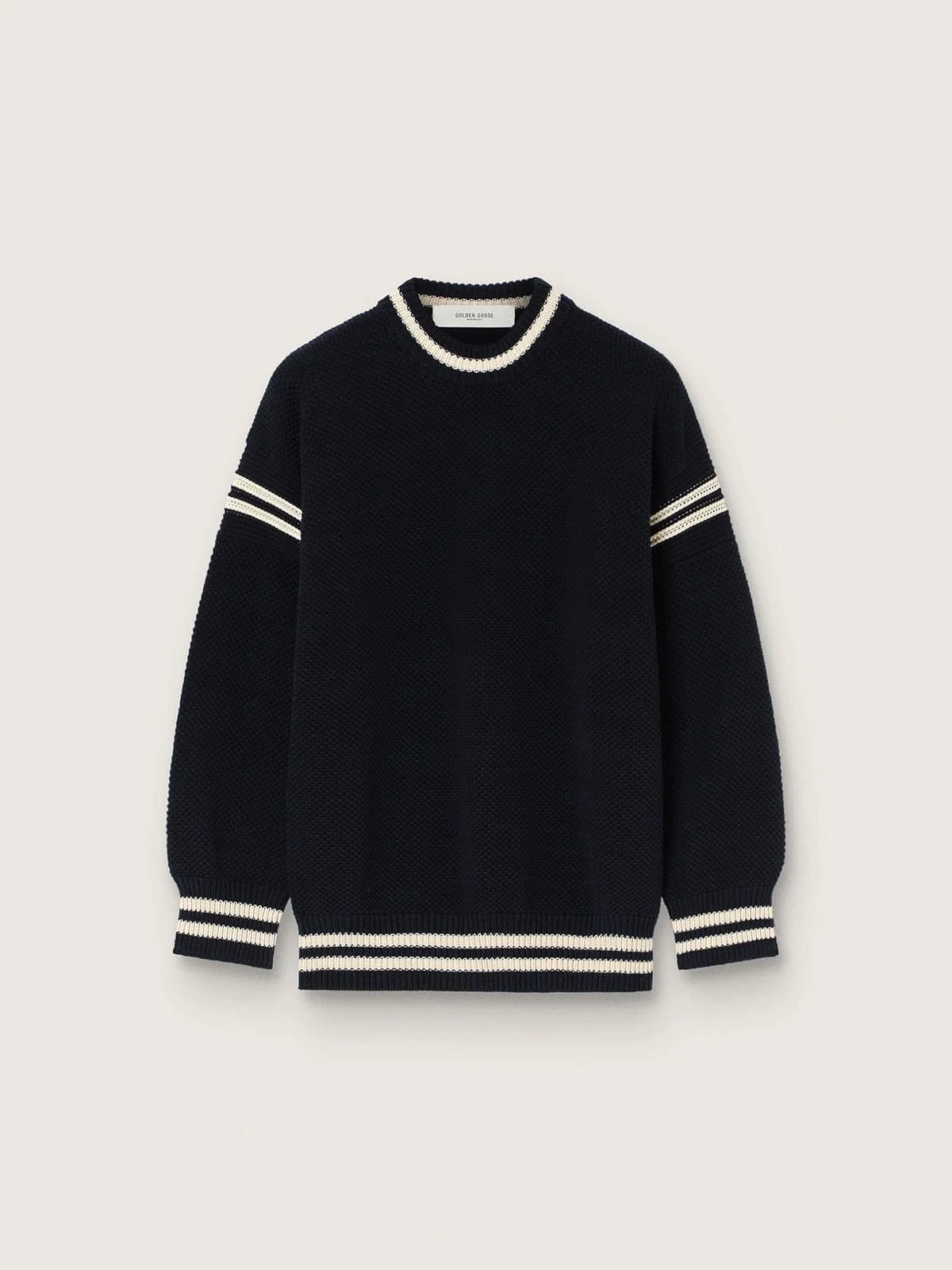 Men's boxy sweater in dark blue cotton with embroidery - 1