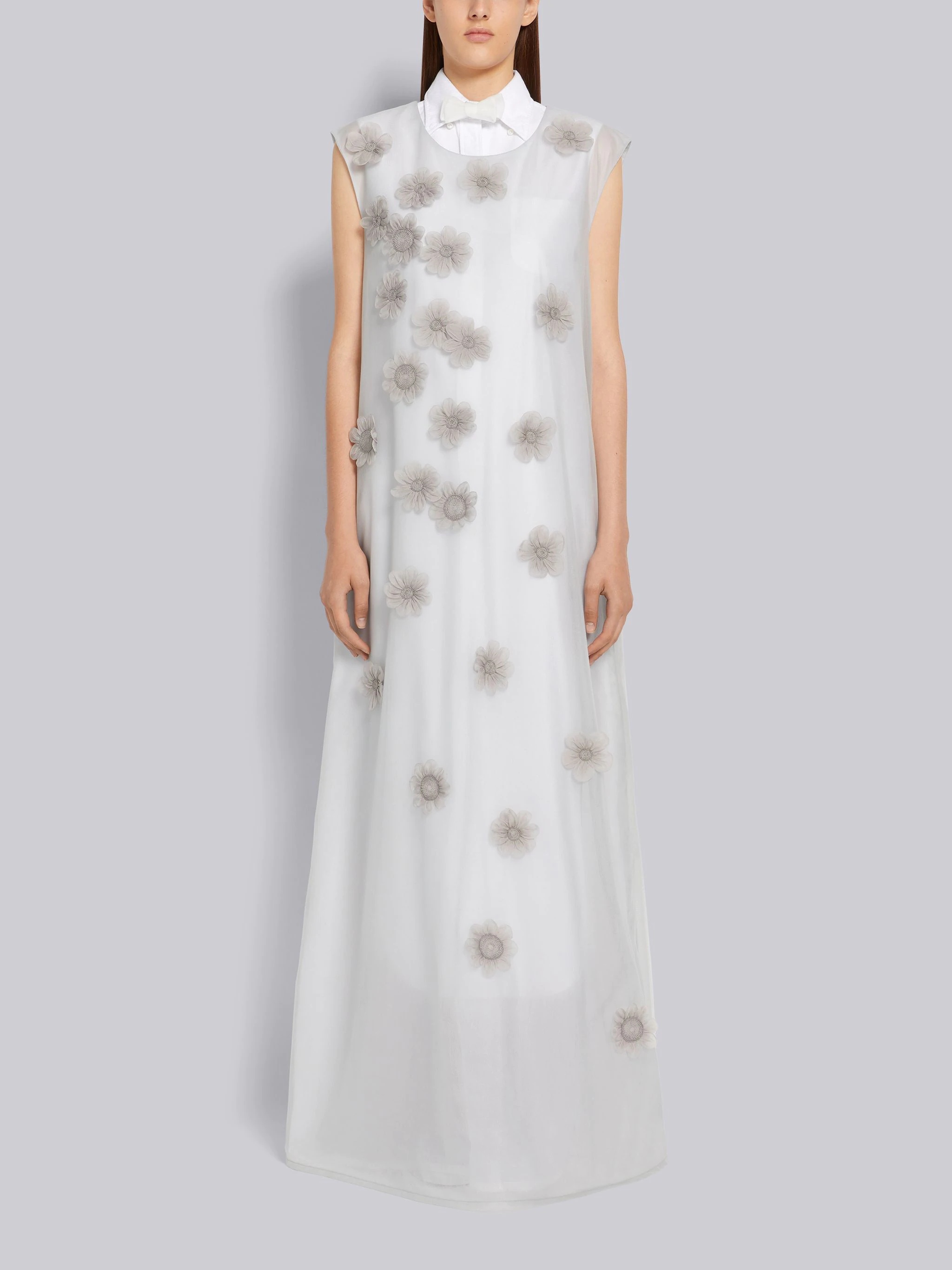 Light Grey Soft Tulle And Organza Mixed 3d Floral Sleeveless Draped Column Gown - 1