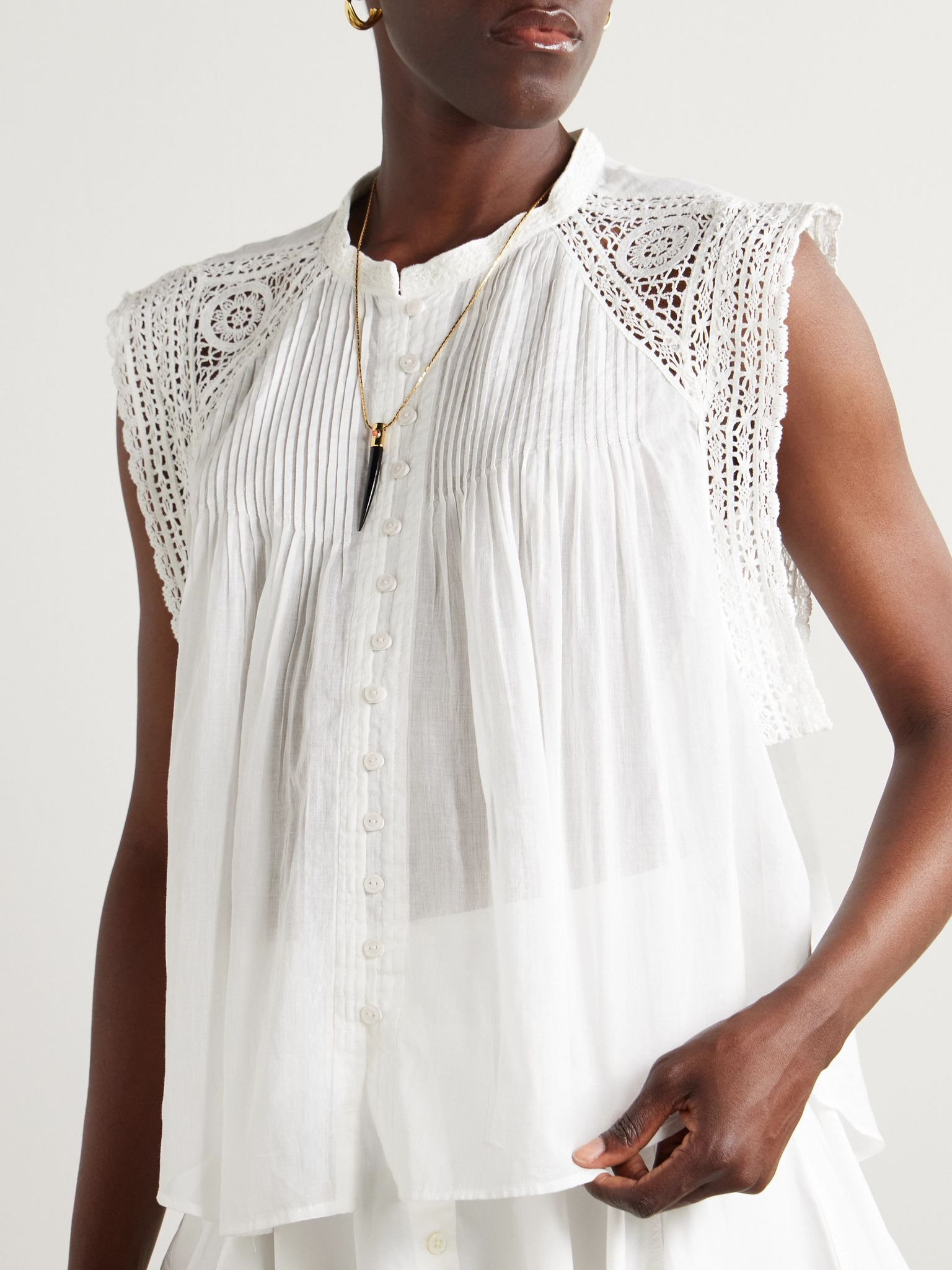 Gresia crochet-trimmed pintucked cotton-voile top White - 3