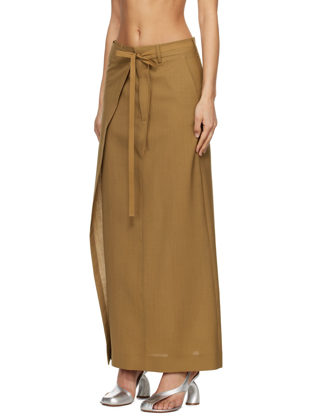 Tan Tailoring Wool Canvas Tie Maxi Skirt - 4