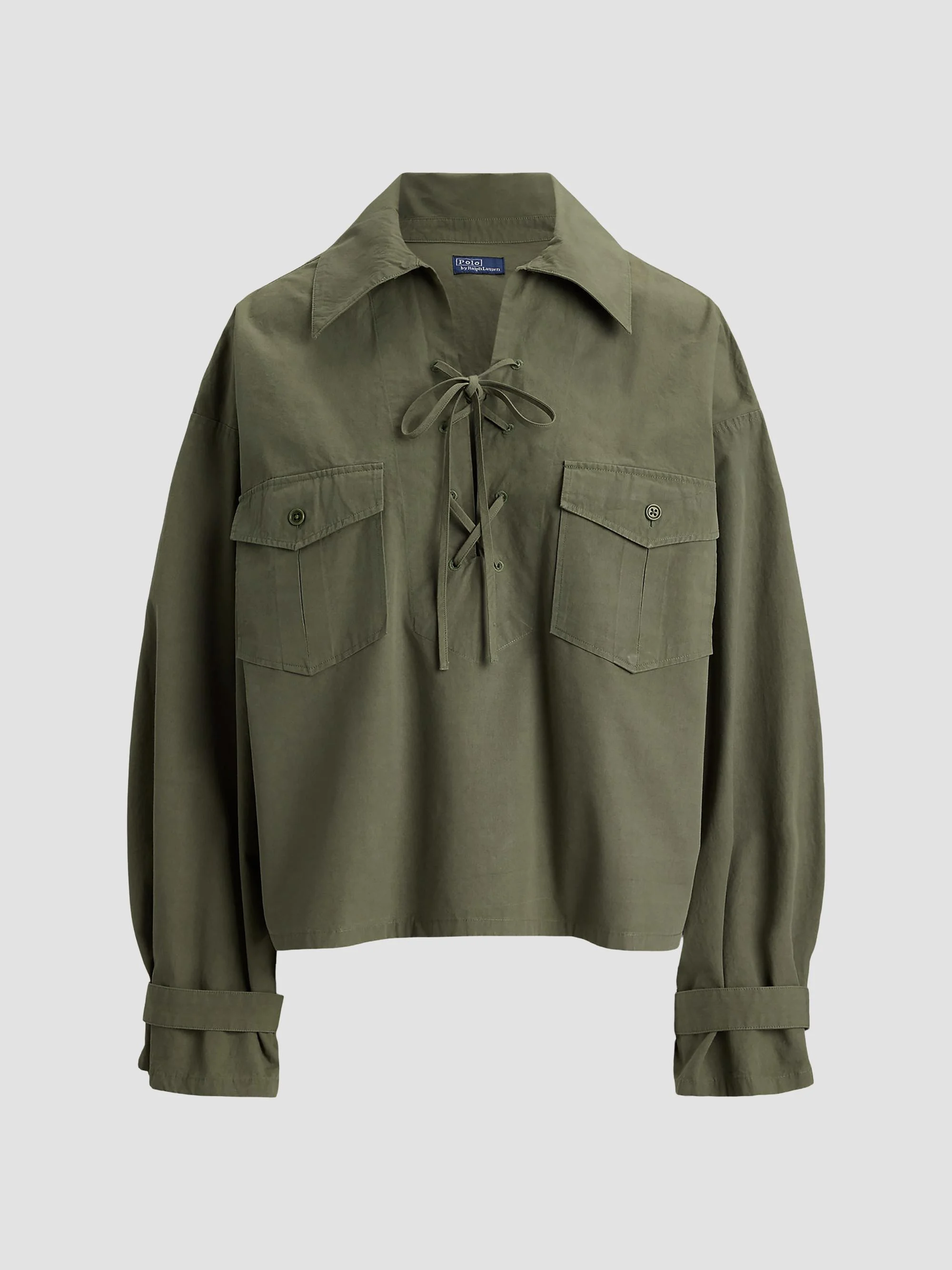 Women's Lace-Up Cotton Shirt - Olive - 1