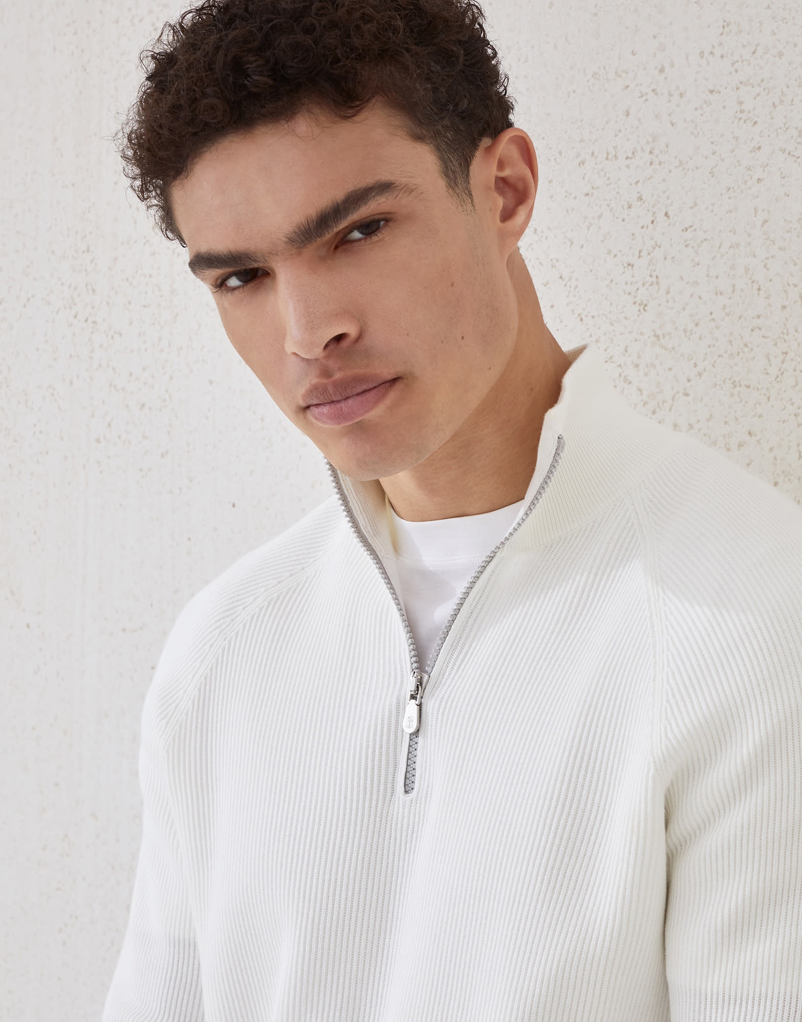 Cotton English rib sweater with half zip and raglan sleeves - 3