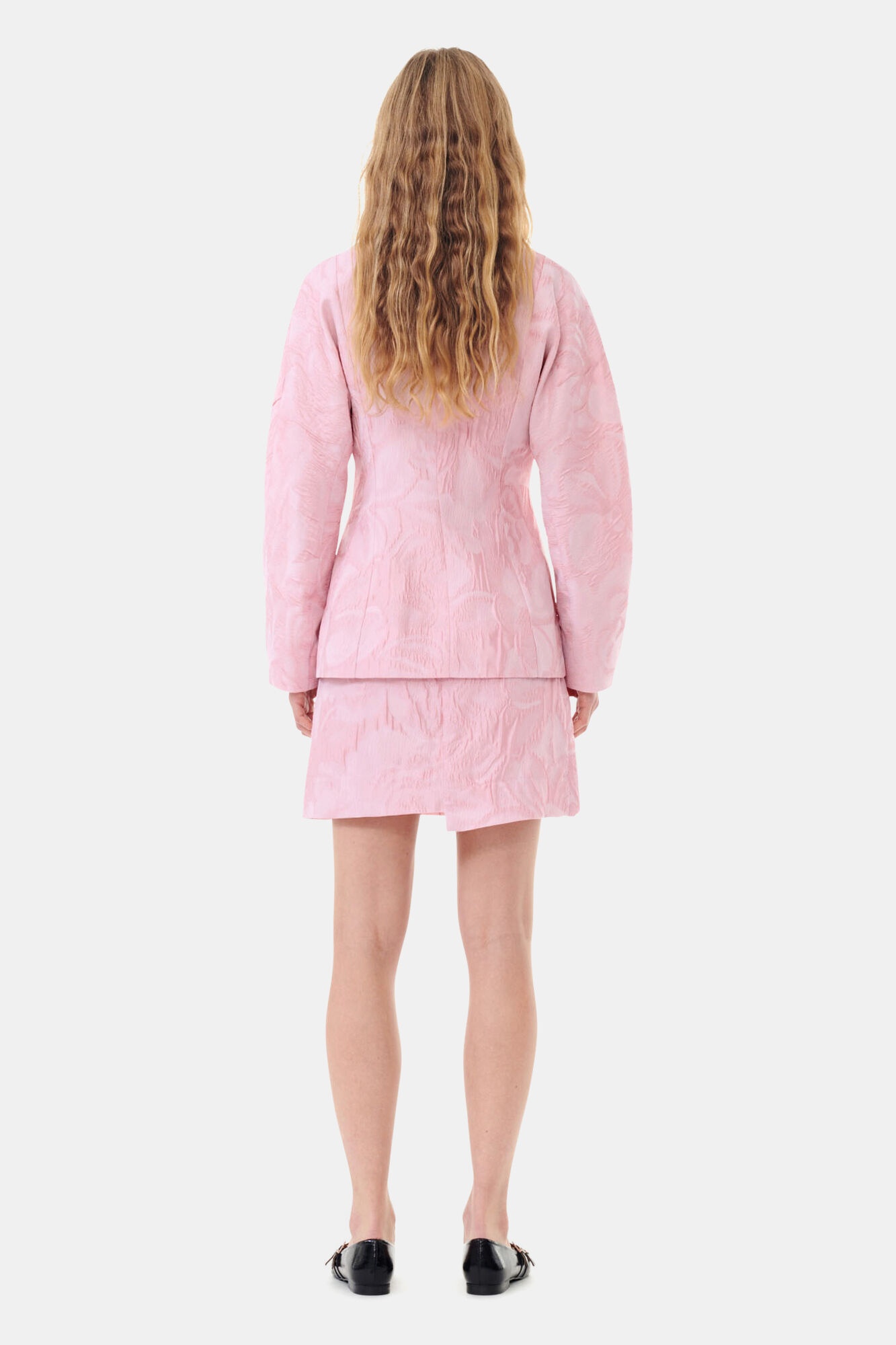 PINK TEXTURED CLOQUÉ CURVE SLEEVE BLAZER - 5