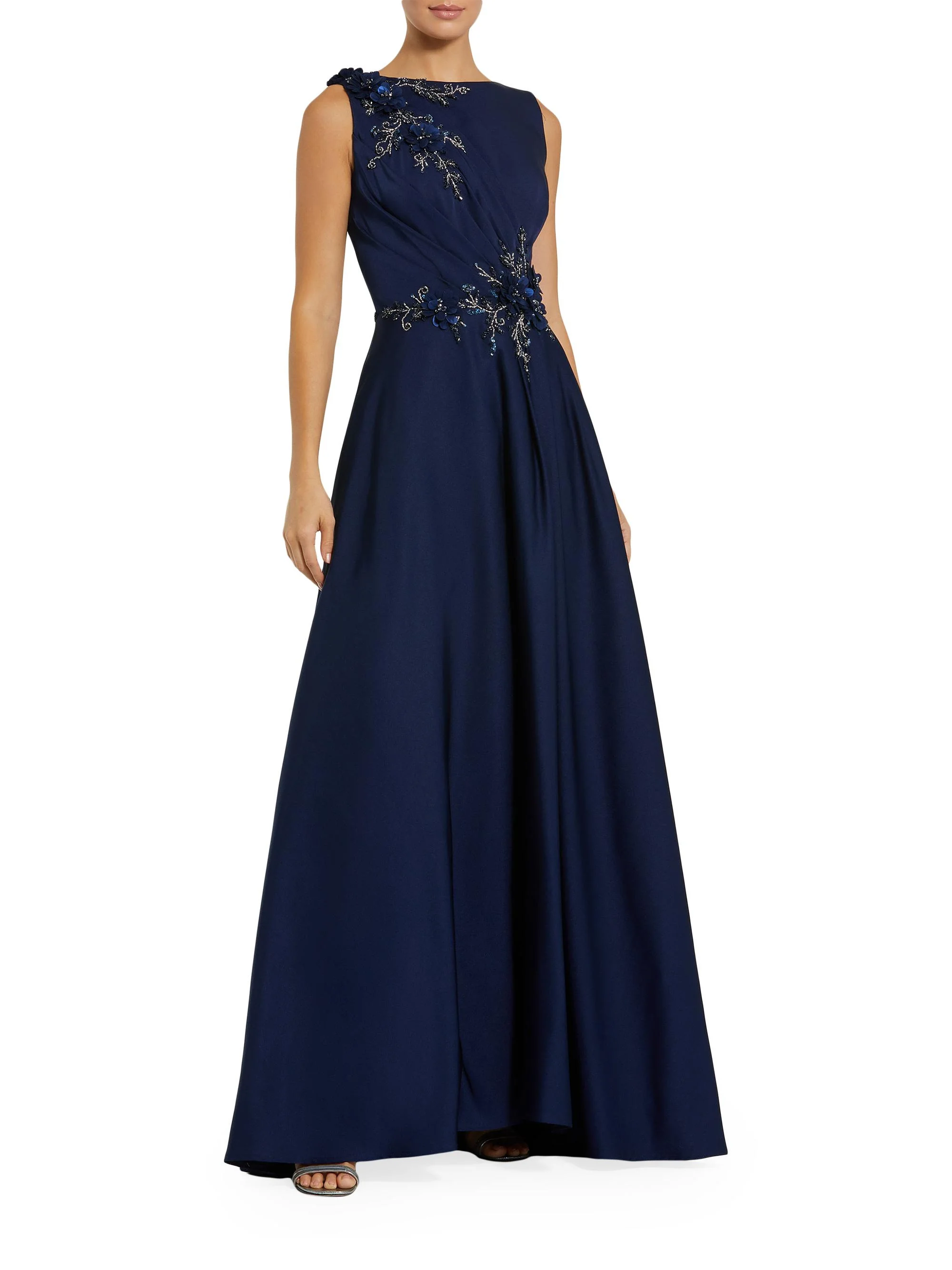 Women's Floral Appliqué Crêpe A-Line Gown - Midnight - 1