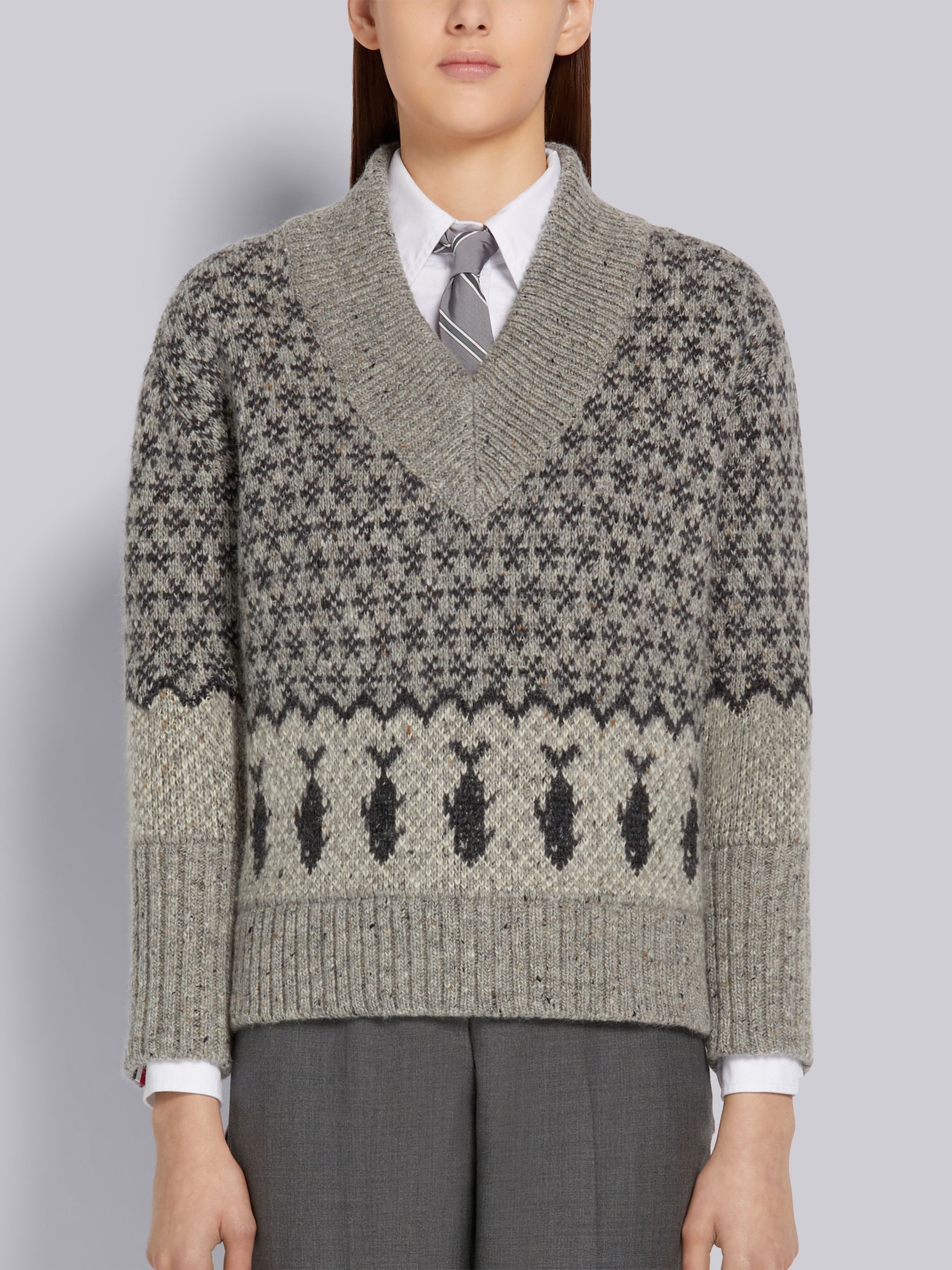 Fun-mix Grey Mohair Tweed Bear Fair Isle Jacquard Oversized V-Neck Pullover - 1