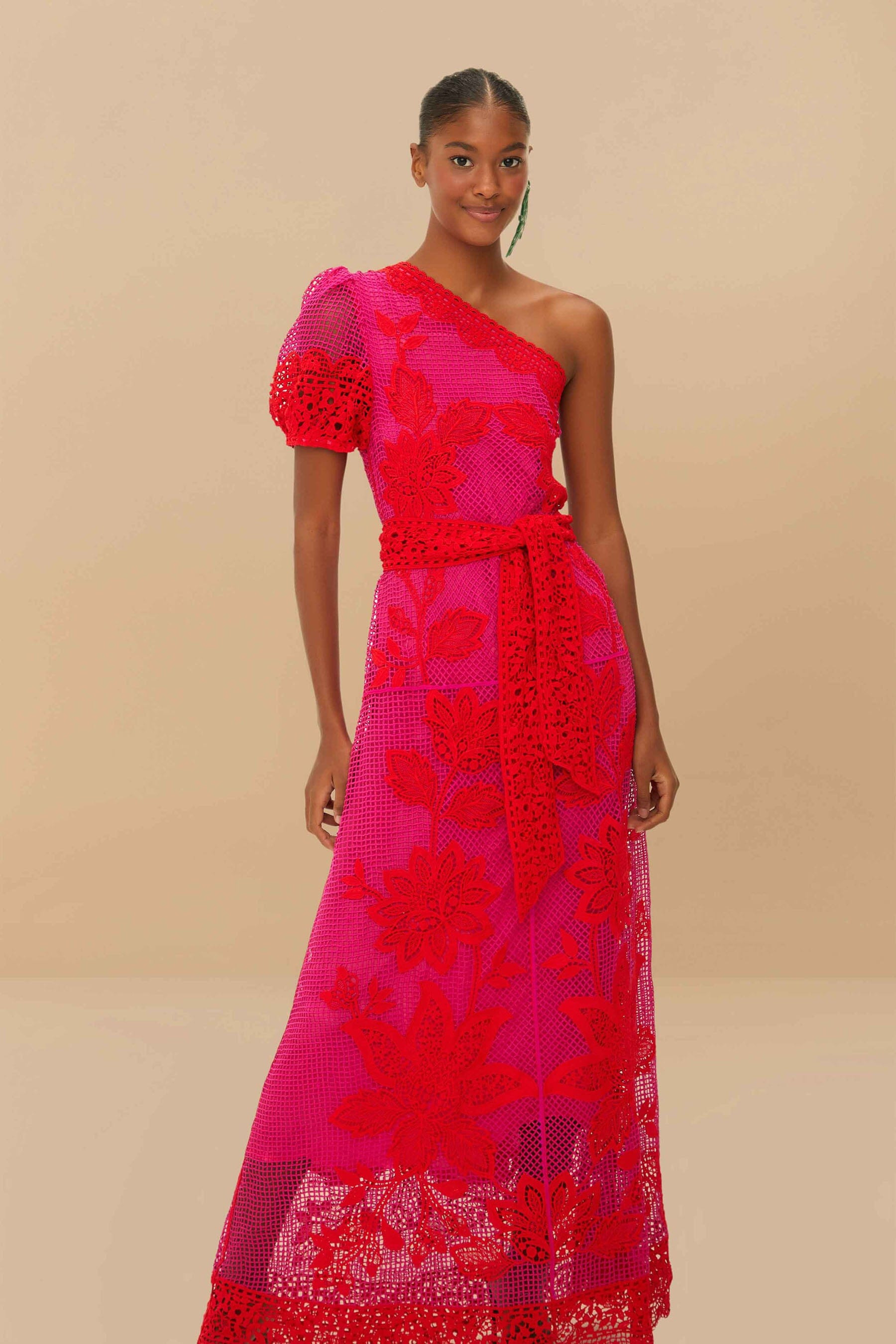 Bicolor Guipure One-Shoulder Maxi Dress - 3