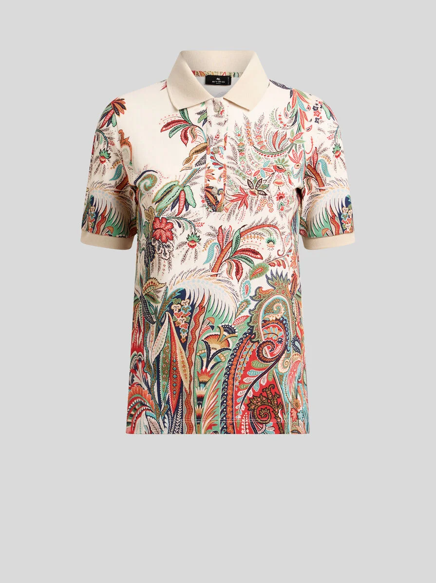 COTTON PIQUE POLO SHIRT WITH PAISLEY FOLIAGE MOTIF - 1