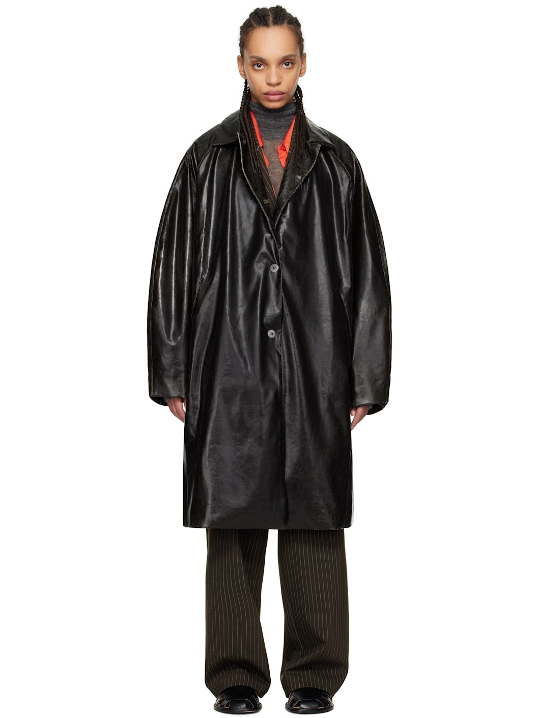 Black Scratched Faux-Leather Coat - 2