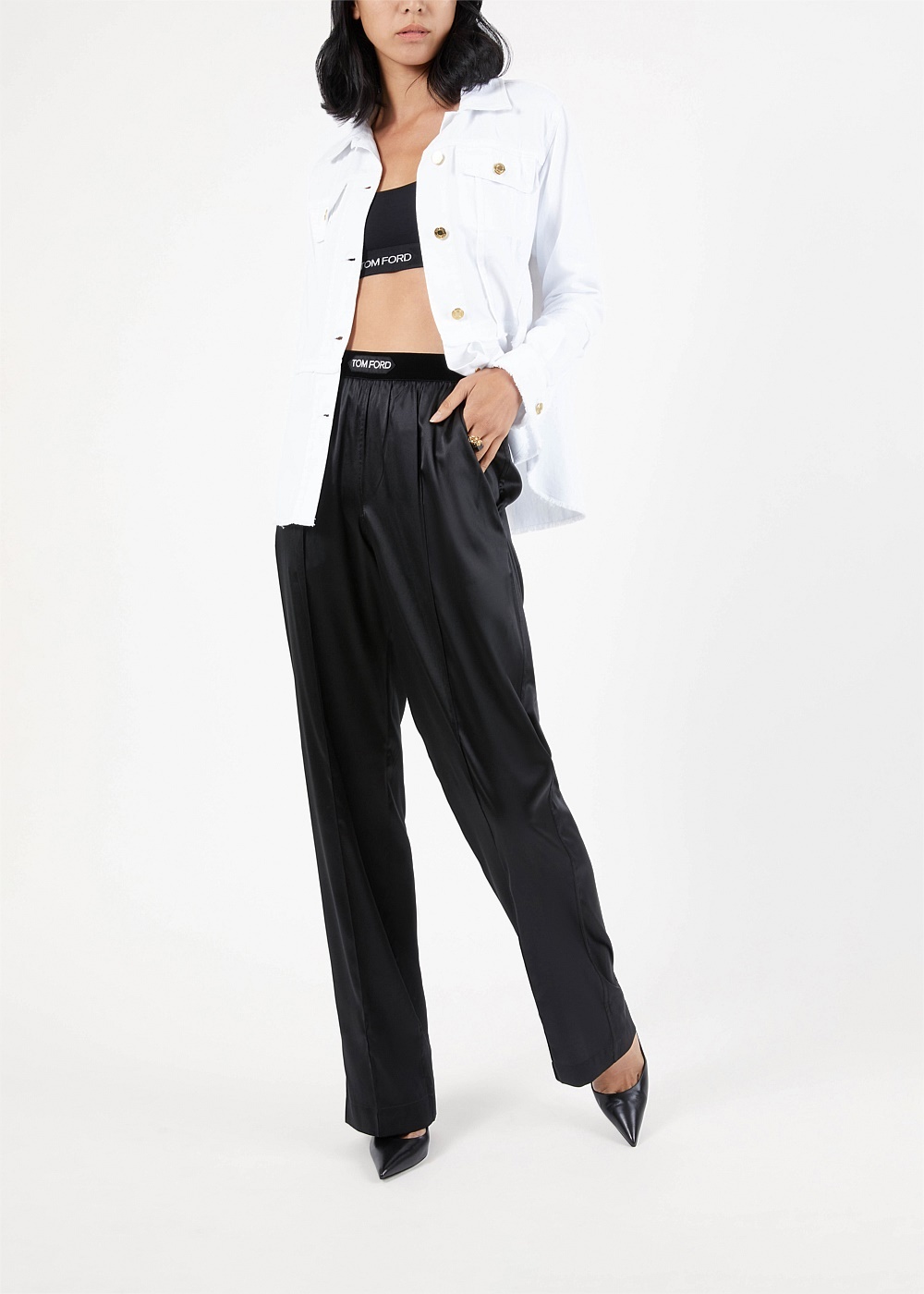 Black Stretch Silk Satin PJ Pants - 2