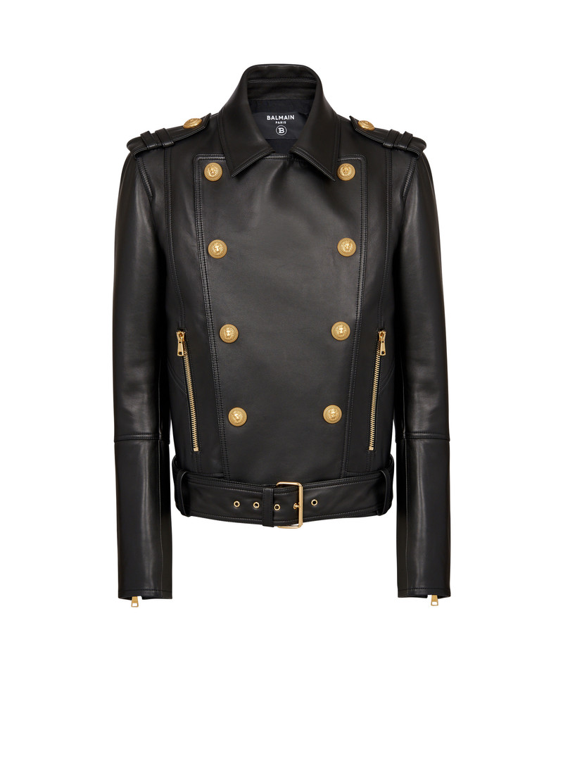 Double-breasted buttoned leather biker jacket 1