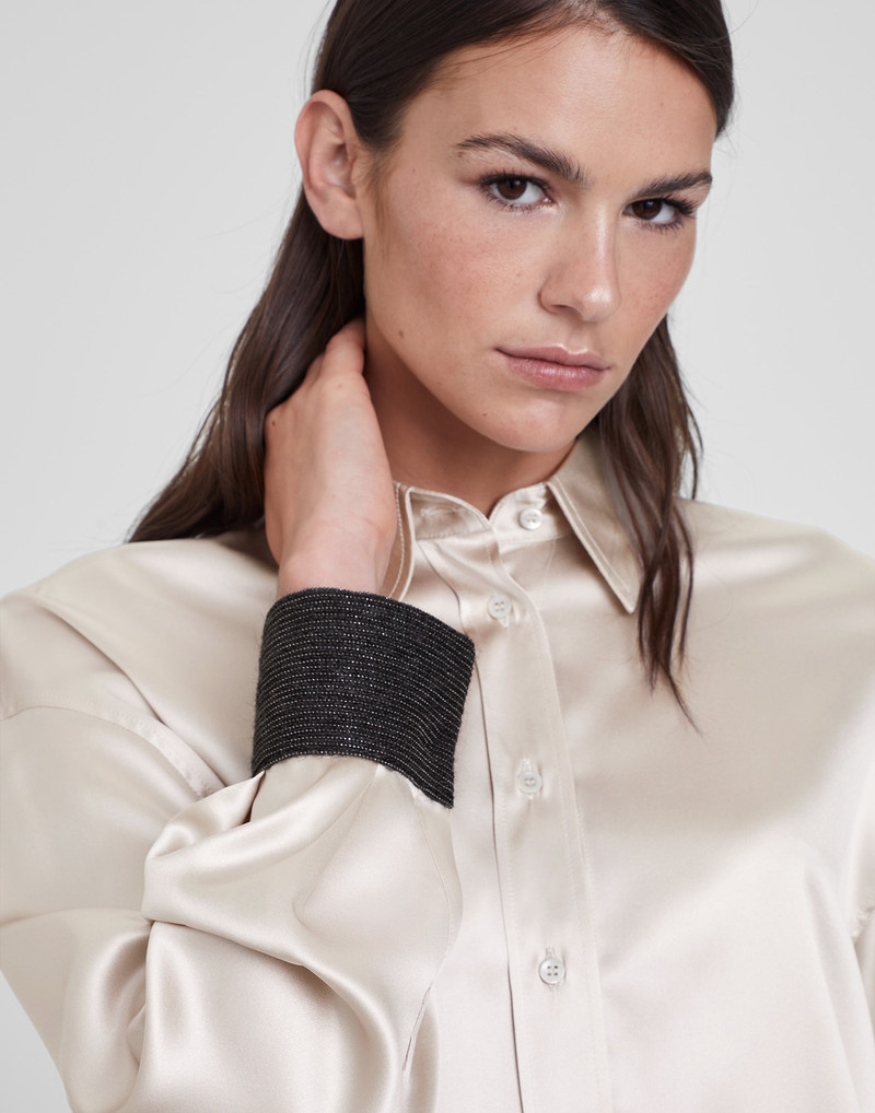 Stretch silk satin shirt with precious contrast cuffs 3