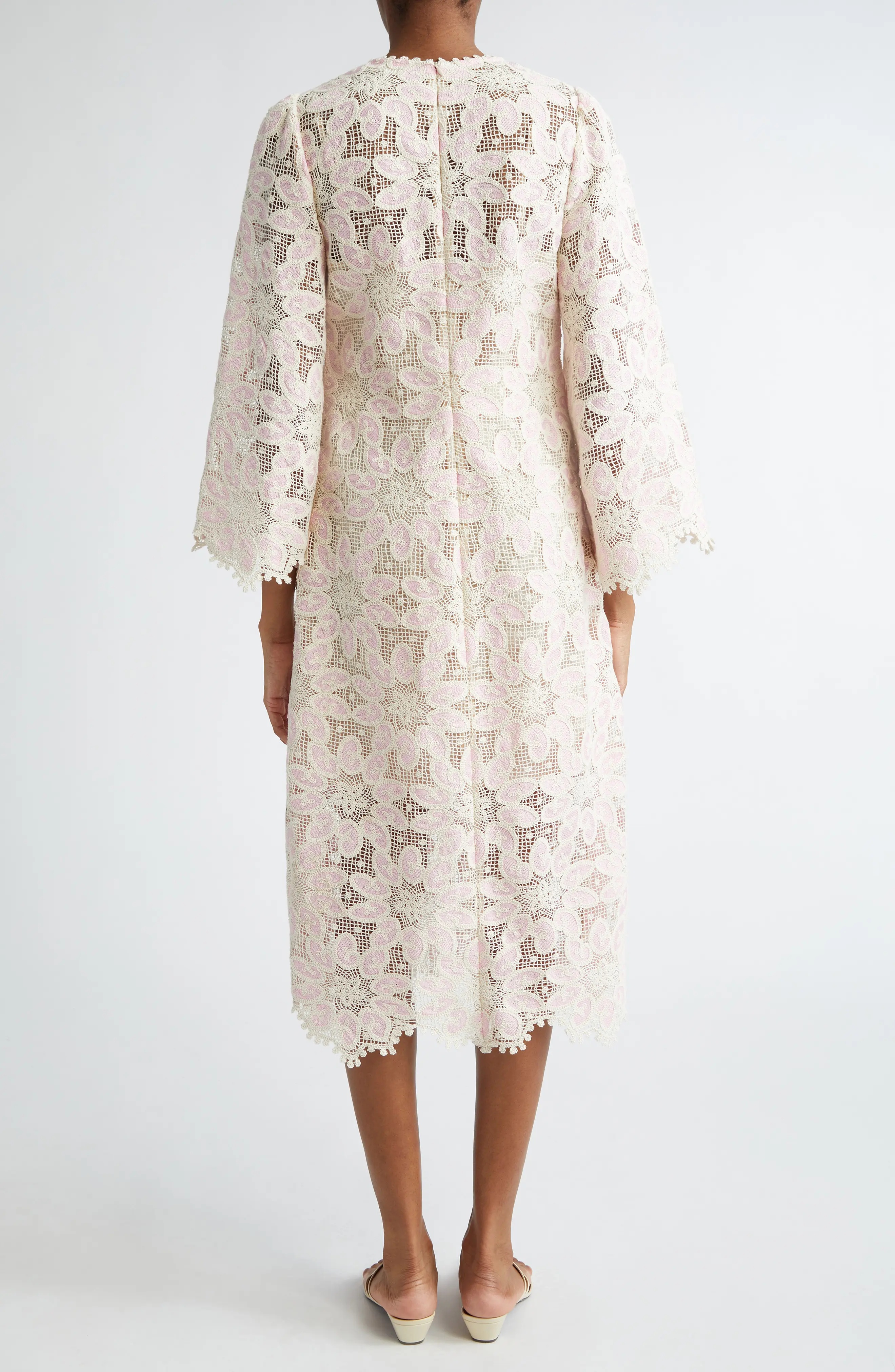 Ottie Long Sleeve Guipure Lace Cotton Blend Midi Dress in Cream/Pink - 2