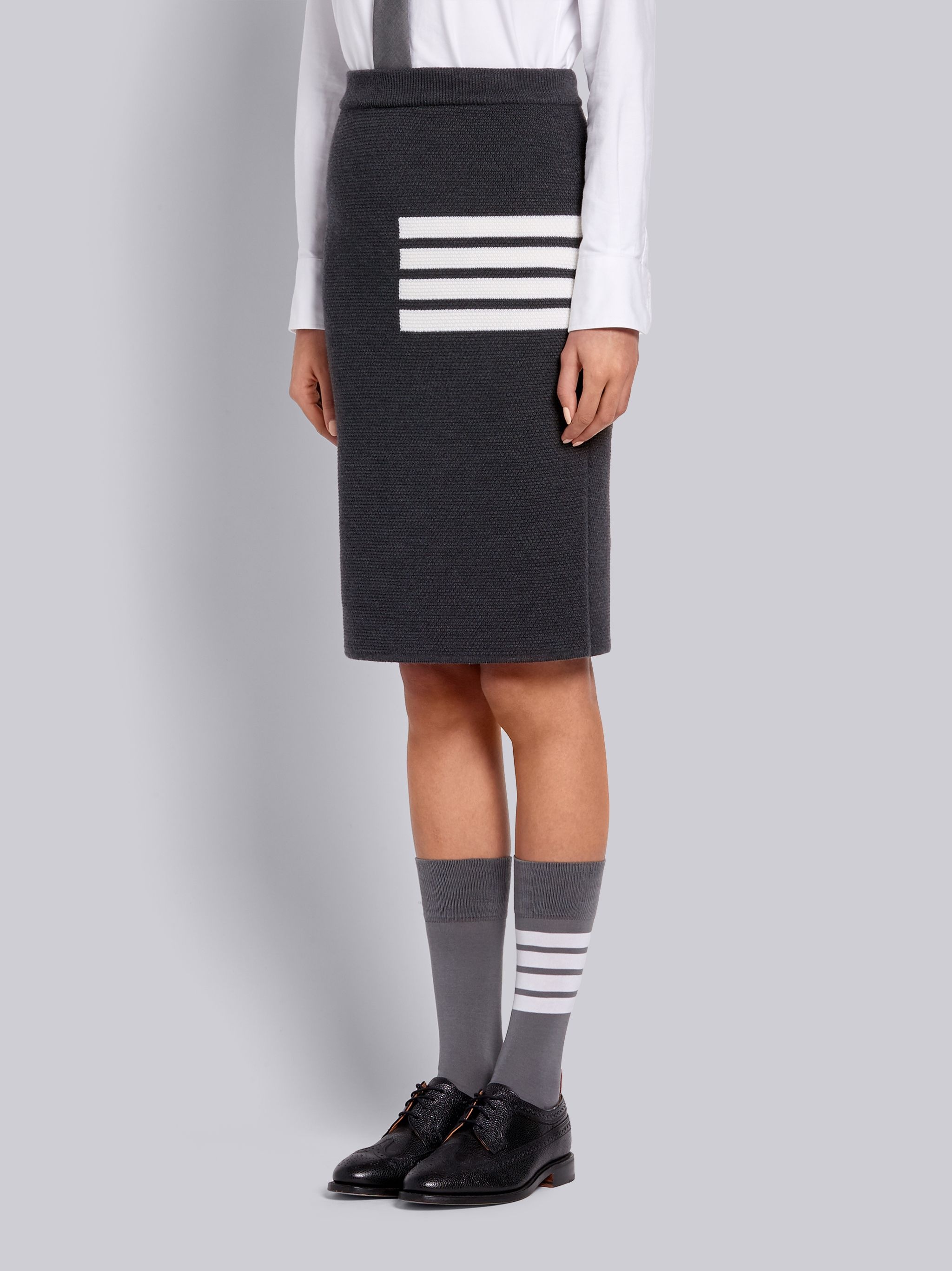 Dark Grey Fine Merino Wool Links Stitch 4-Bar Pencil Skirt - 2