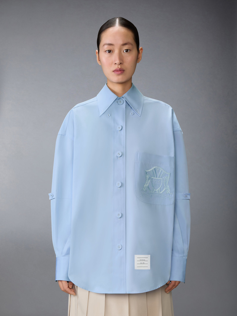Thom Browne SOLID POPLIN CREST EMBROIDERY ARMBAND SUPERSIZED SHIRT outlook