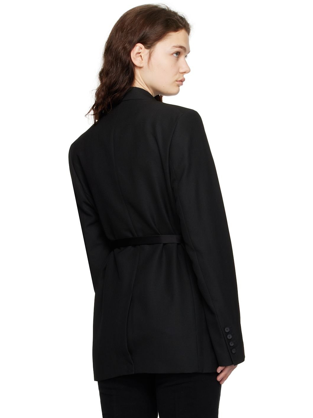 Black Satin-Lapel Wrap Blazer - 3