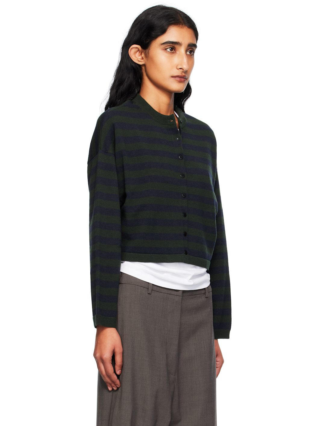 Green Merino Wool Striped Cardigan - 2